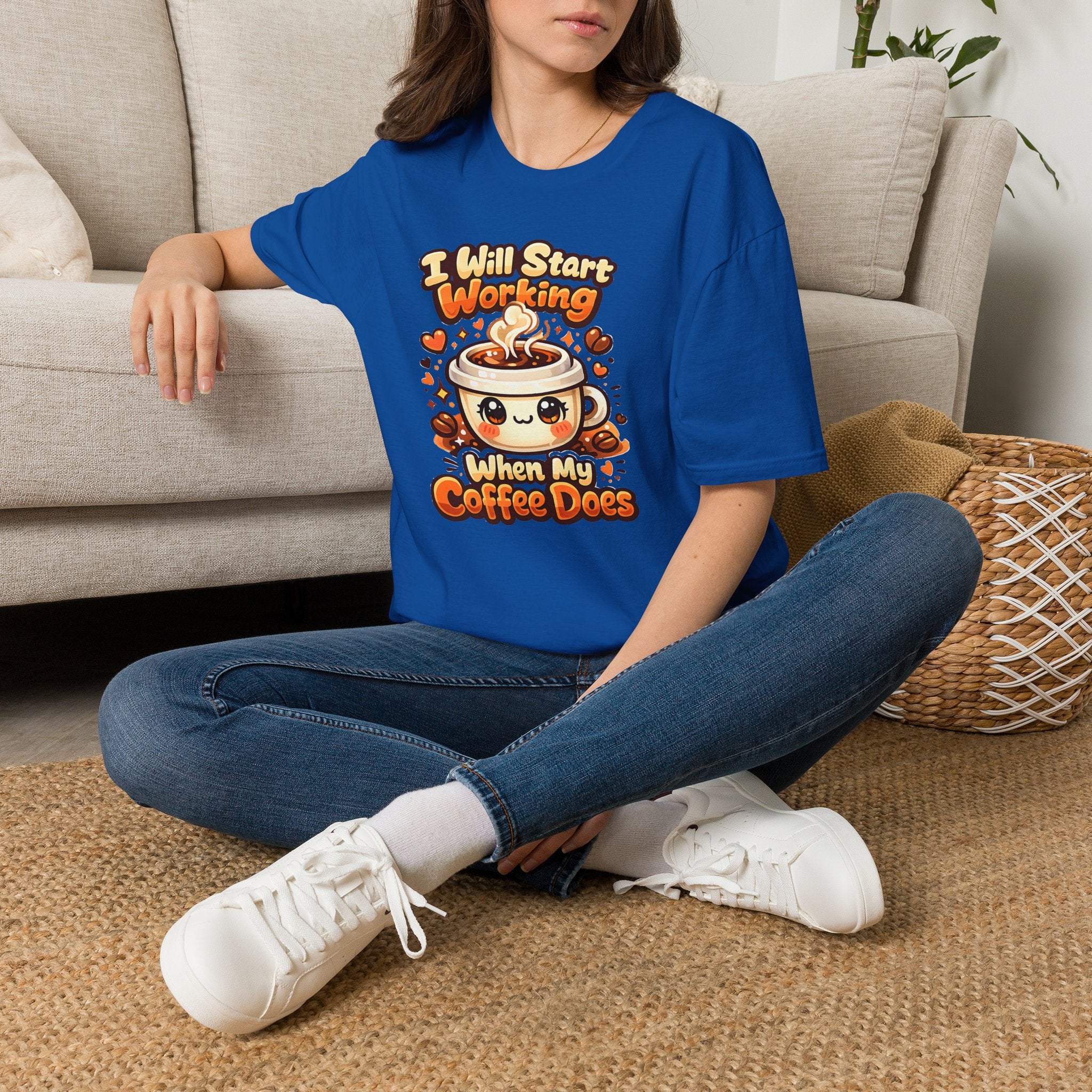 “I Will Start Working When My Coffee Does” Cute Kawaii Coffee Shirt — Coffee T‑Shirt