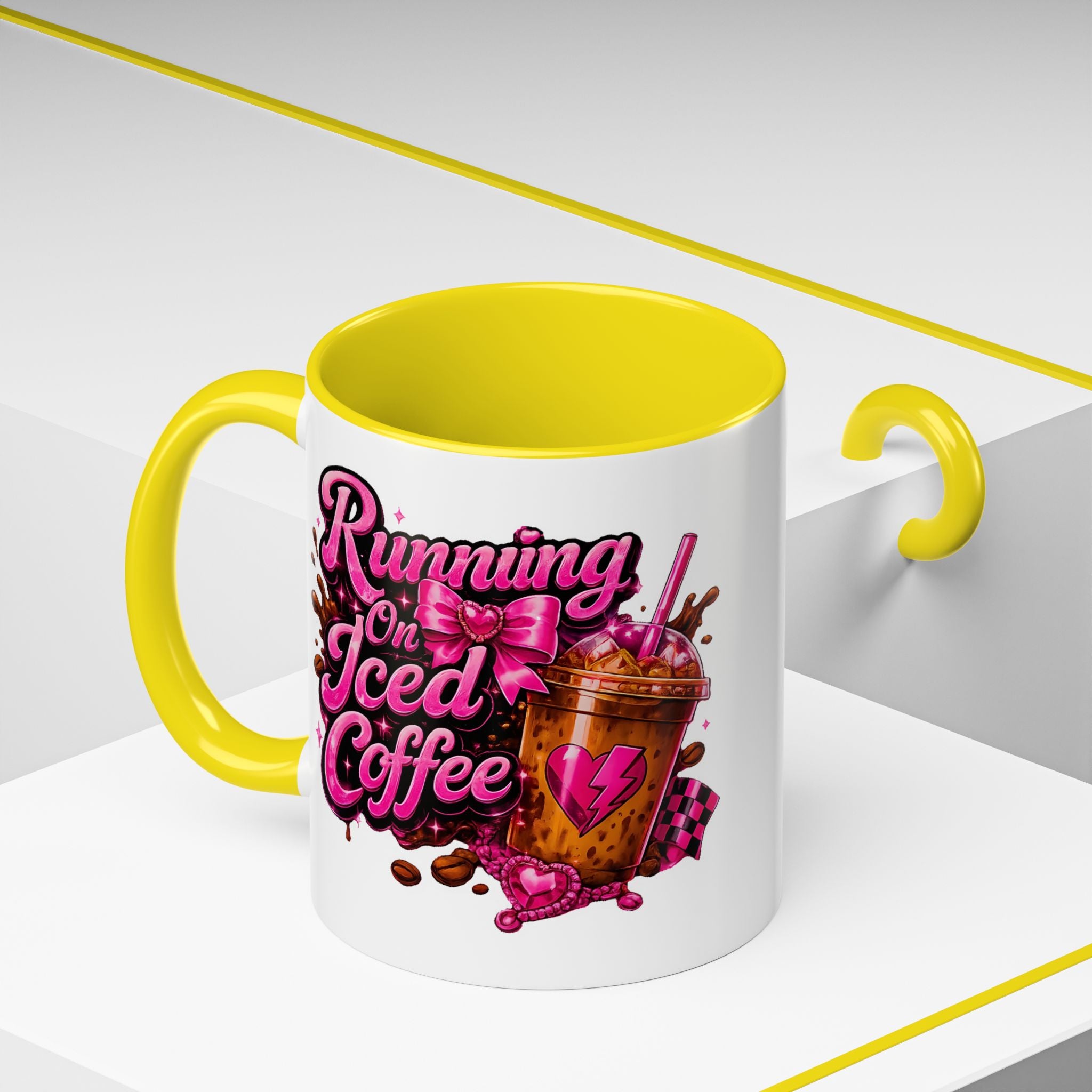 "Running on Iced Coffee" Pink Graphic Accent Mug (11/15oz) — Coffee Mug