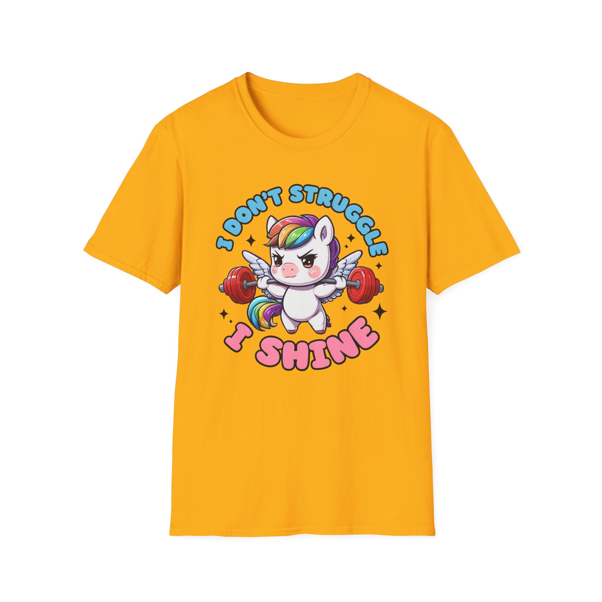 I Don’t Struggle I Shine Unicorn T-Shirt — Cute Rainbow Weightlifting Motivational Tee