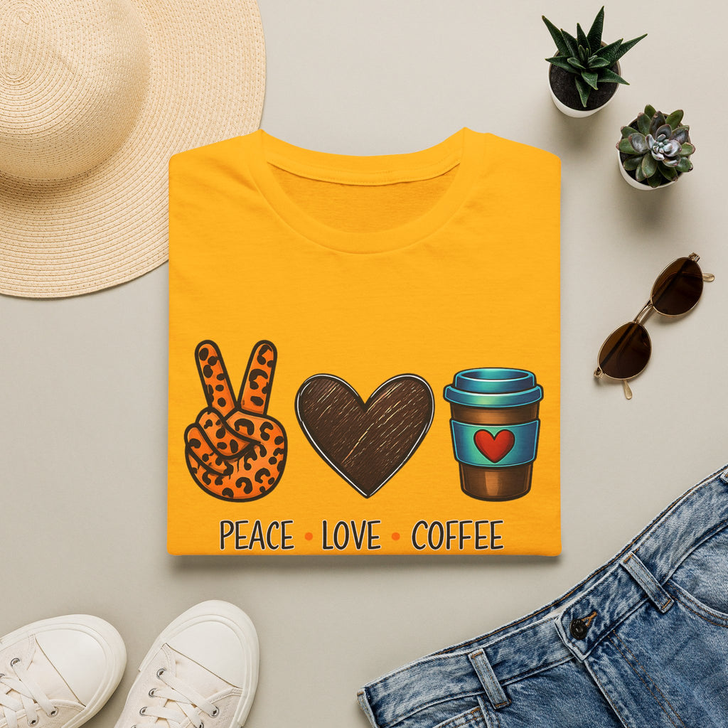 Peace Love Coffee T-Shirt — Retro Leopard Peace Sign & Heart Coffee Cup Tee