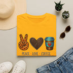 Peace Love Coffee T-Shirt — Retro Leopard Peace Sign & Heart Coffee Cup Tee