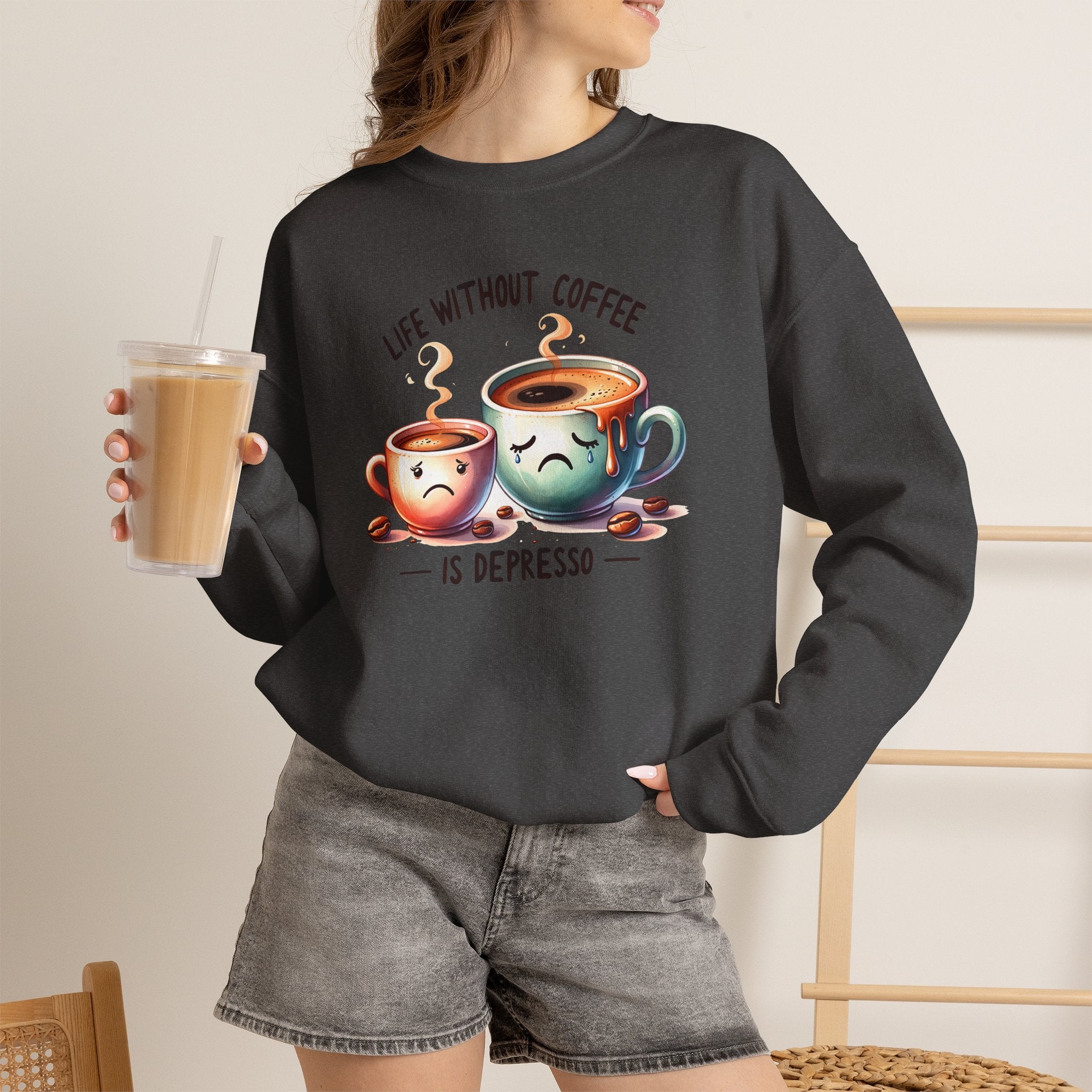 "Life Without Coffee Is Depresso" Cute Cafe Graphic — Coffee Crewneck Sweatshirt