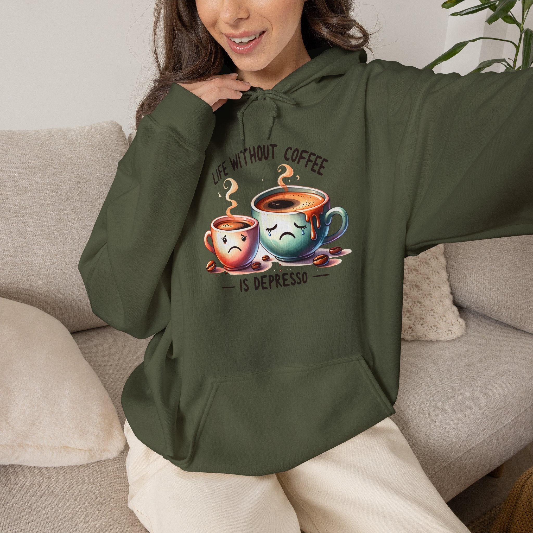 “Life Without Coffee Is Depresso” Cute Cartoon Coffee Hoodie — Coffee Lovers Hoodie