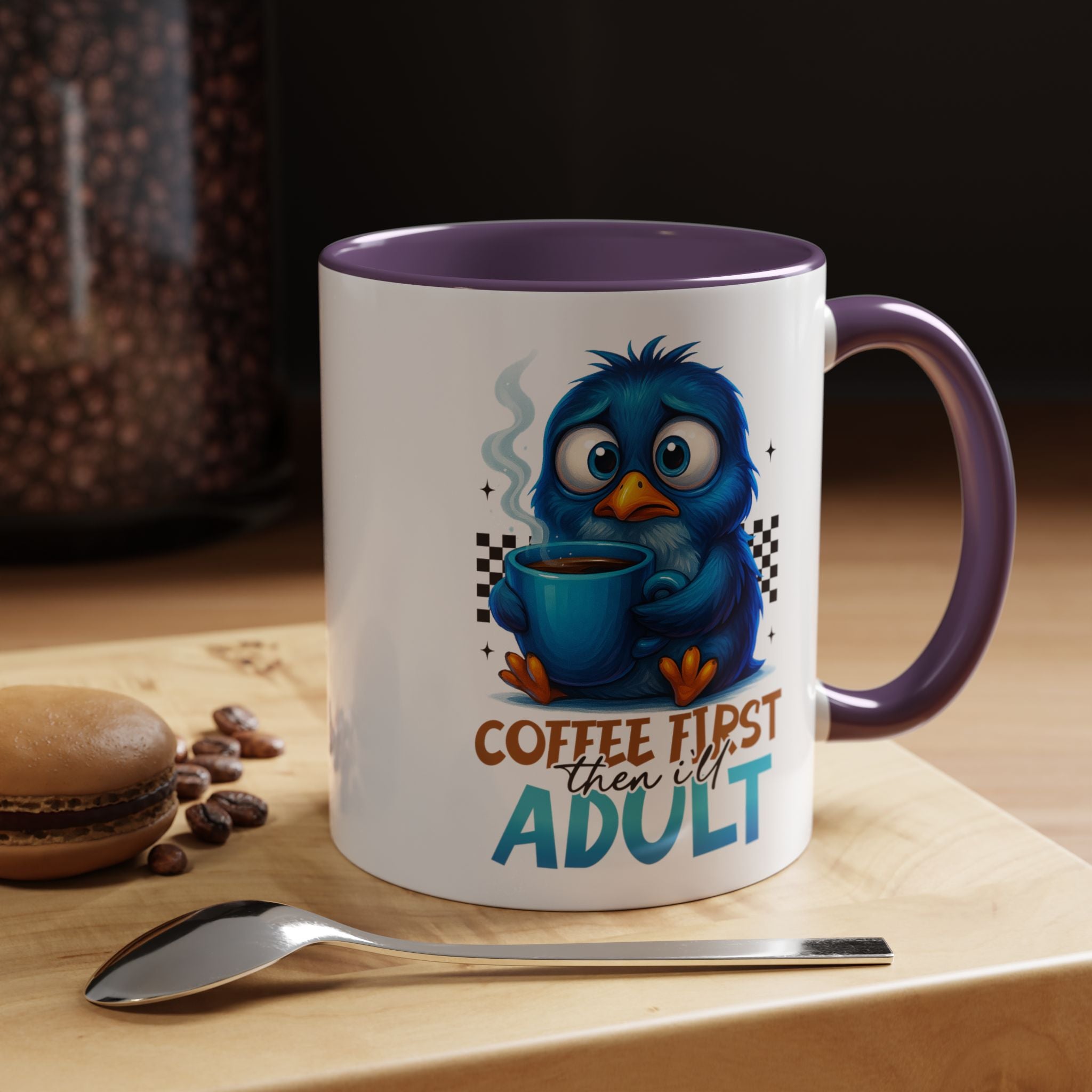 "Coffee First, Then I’ll Adult" Cute Blue Bird Accent Mug —  Coffee Mug
