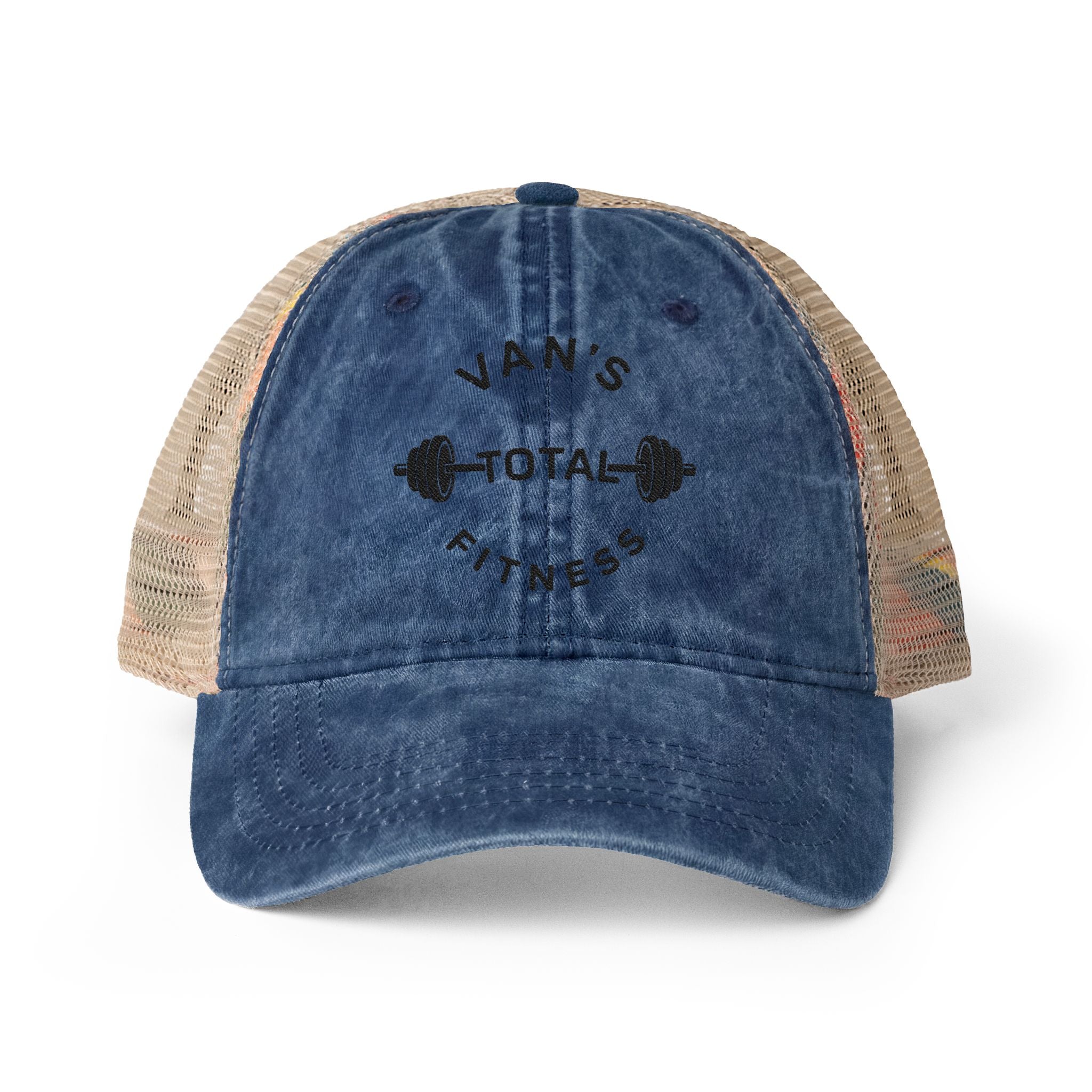 Embroidered "Van's Total Fitness" Barbell Washed Mesh-Ponytail Back Cap