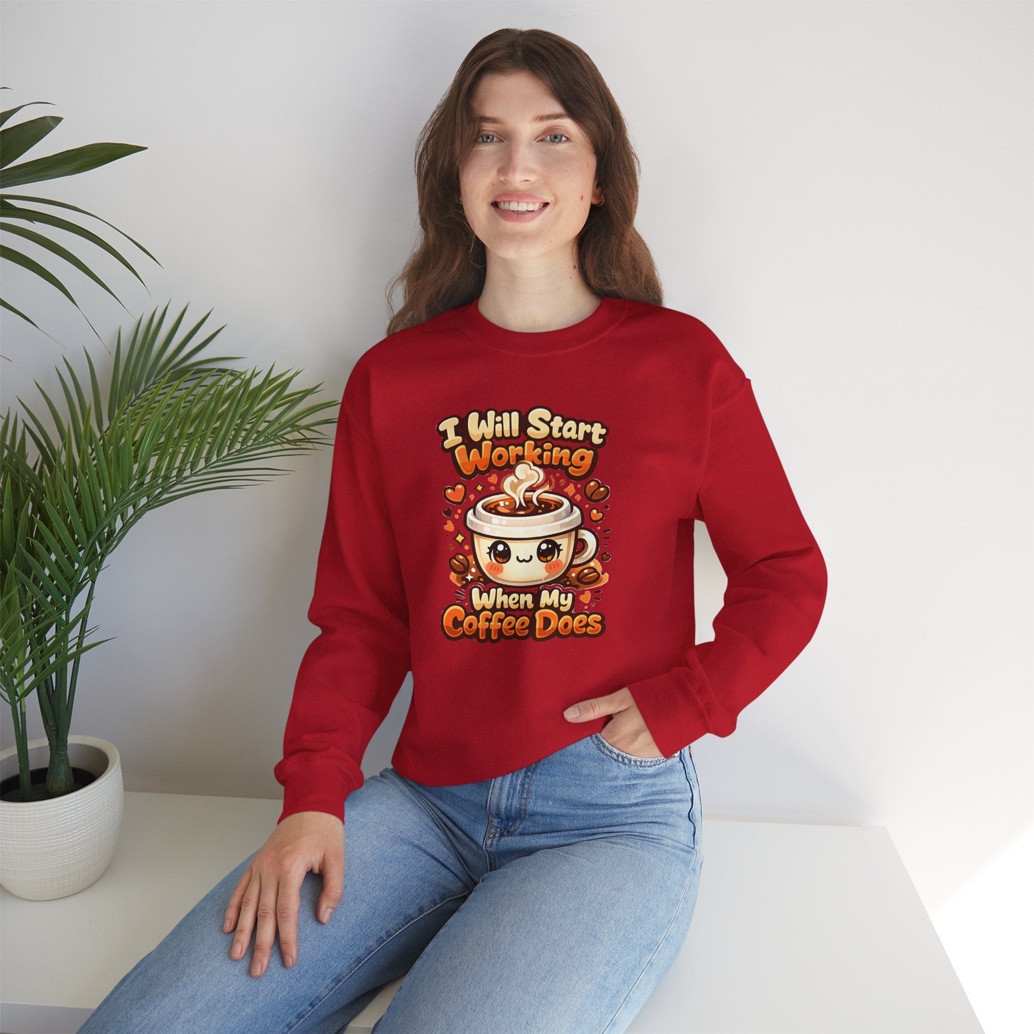 "I Will Start Working When My Coffee Does" Cute Kawaii Crewneck — Coffee Sweatshirt