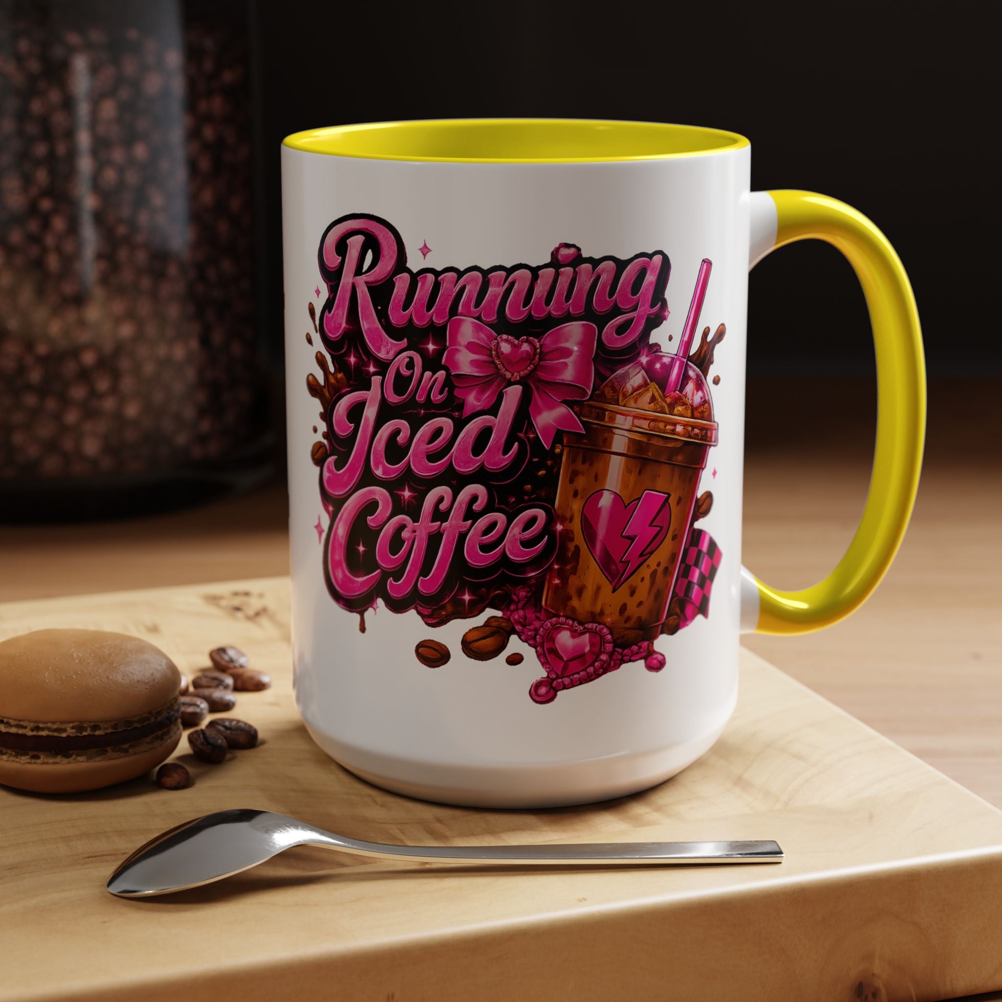 "Running on Iced Coffee" Pink Graphic Accent Mug (11/15oz) — Coffee Mug
