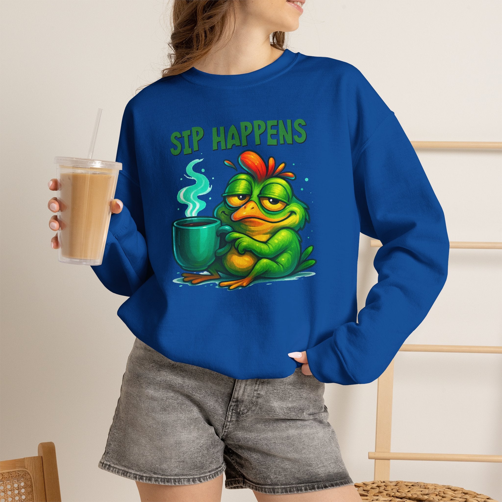 Sip Happens Sweatshirt — Funny Frog Coffee Crewneck