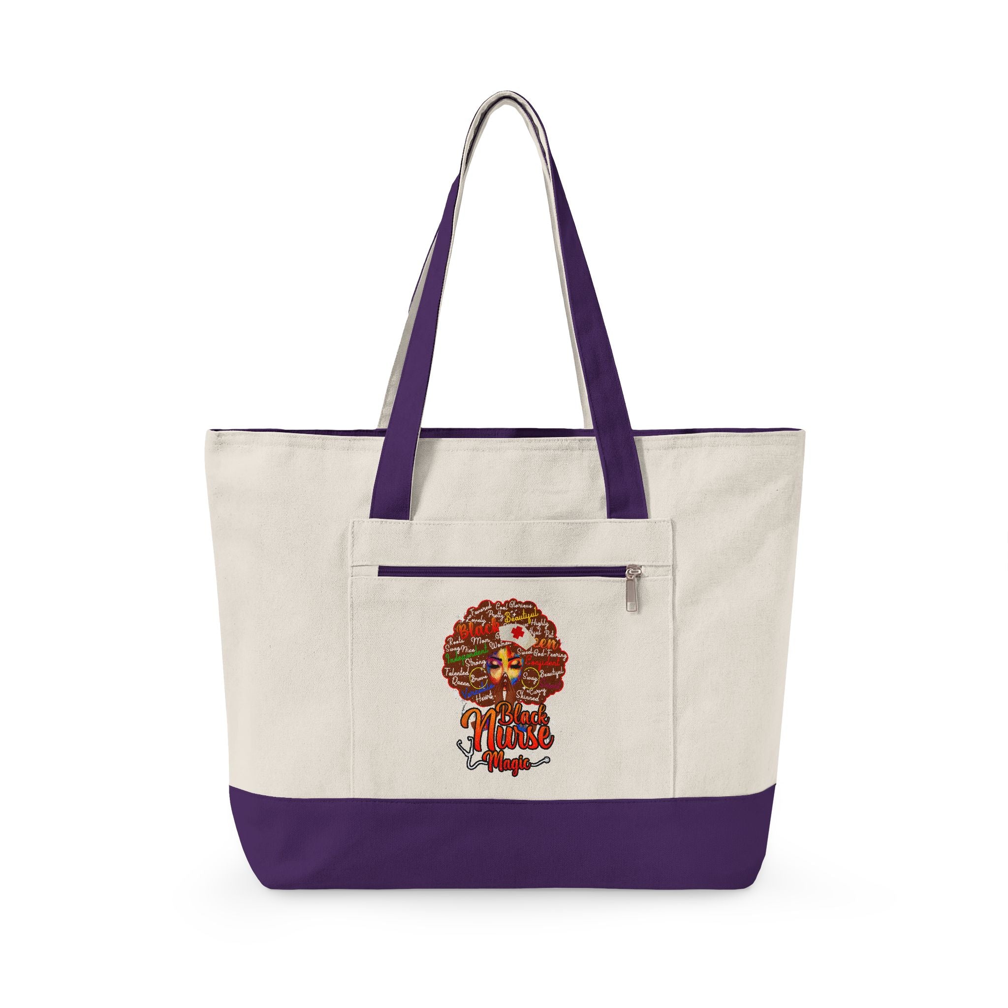 Black Nurse Magic w/Brown Afro Canvas Tote — Zippered Floral Calavera Bag