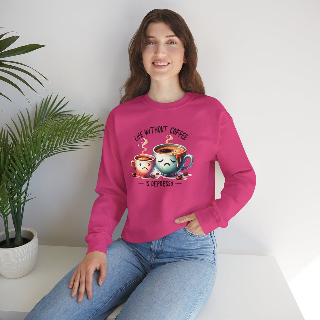 "Life Without Coffee Is Depresso" Cute Cafe Graphic — Coffee Crewneck Sweatshirt
