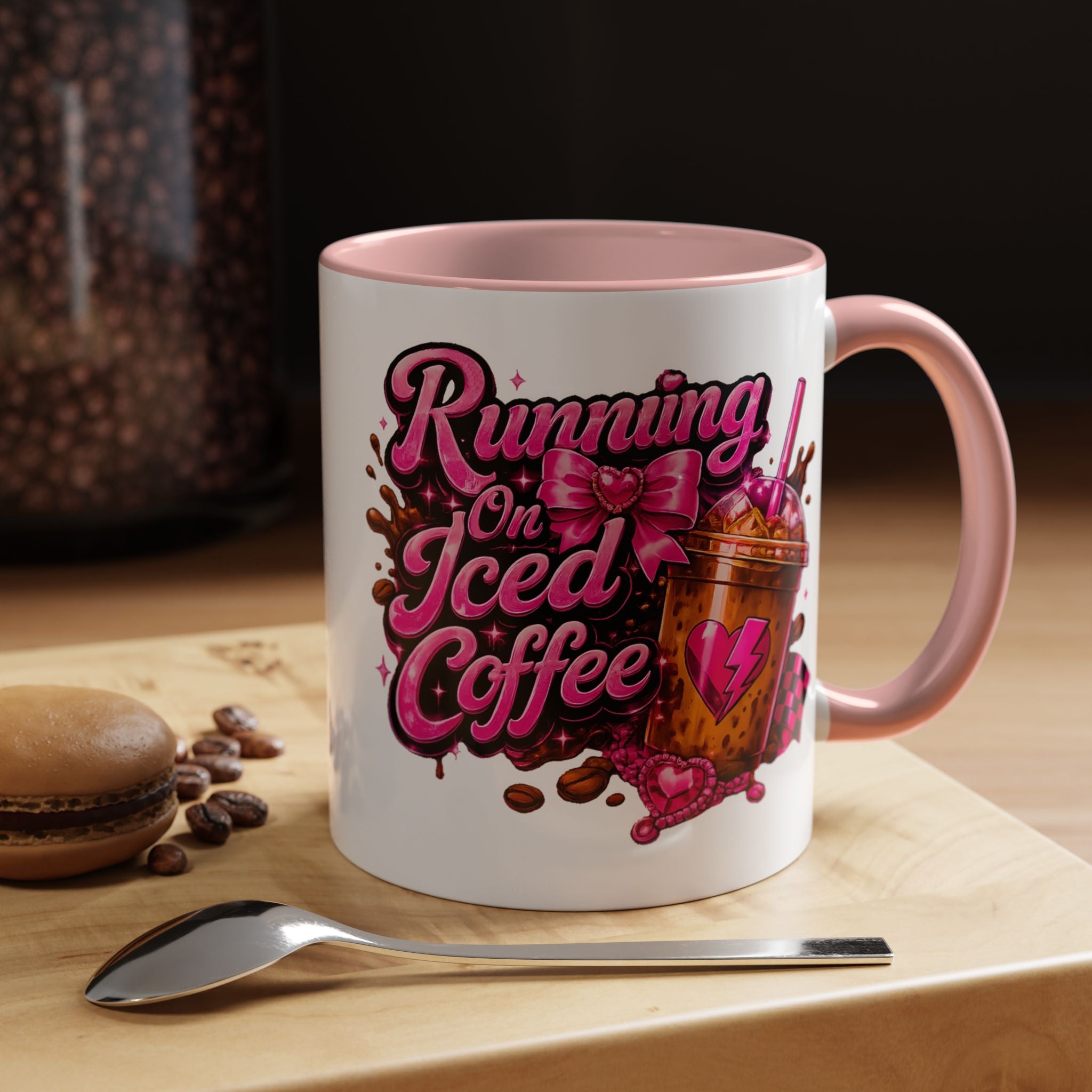 "Running on Iced Coffee" Pink Graphic Accent Mug (11/15oz) — Coffee Mug