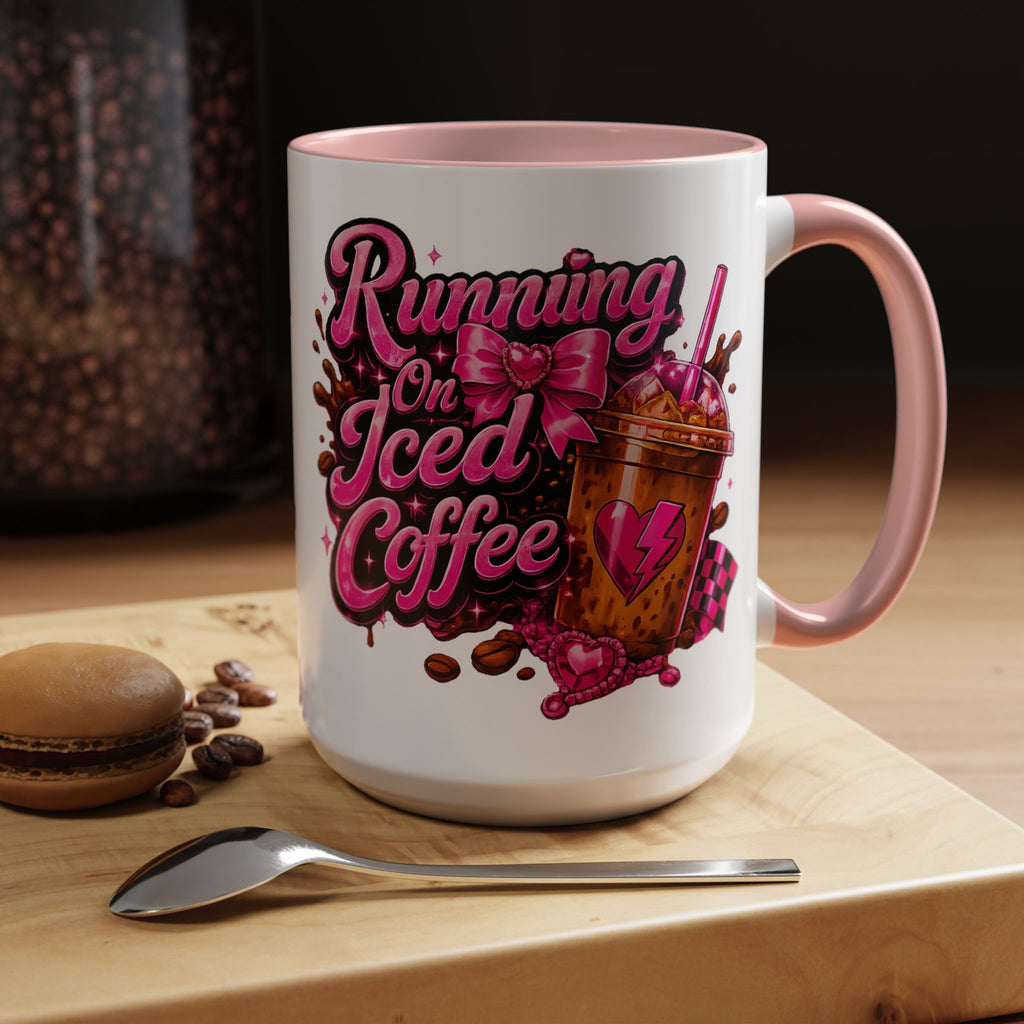 "Running on Iced Coffee" Pink Graphic Accent Mug (11/15oz) — Coffee Mug