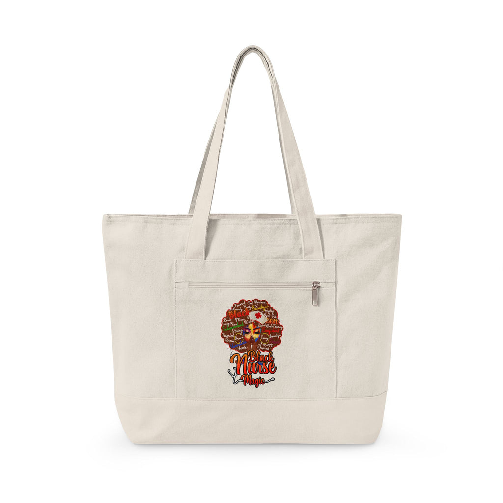 Black Nurse Magic w/Brown Afro Canvas Tote — Zippered Floral Calavera Bag
