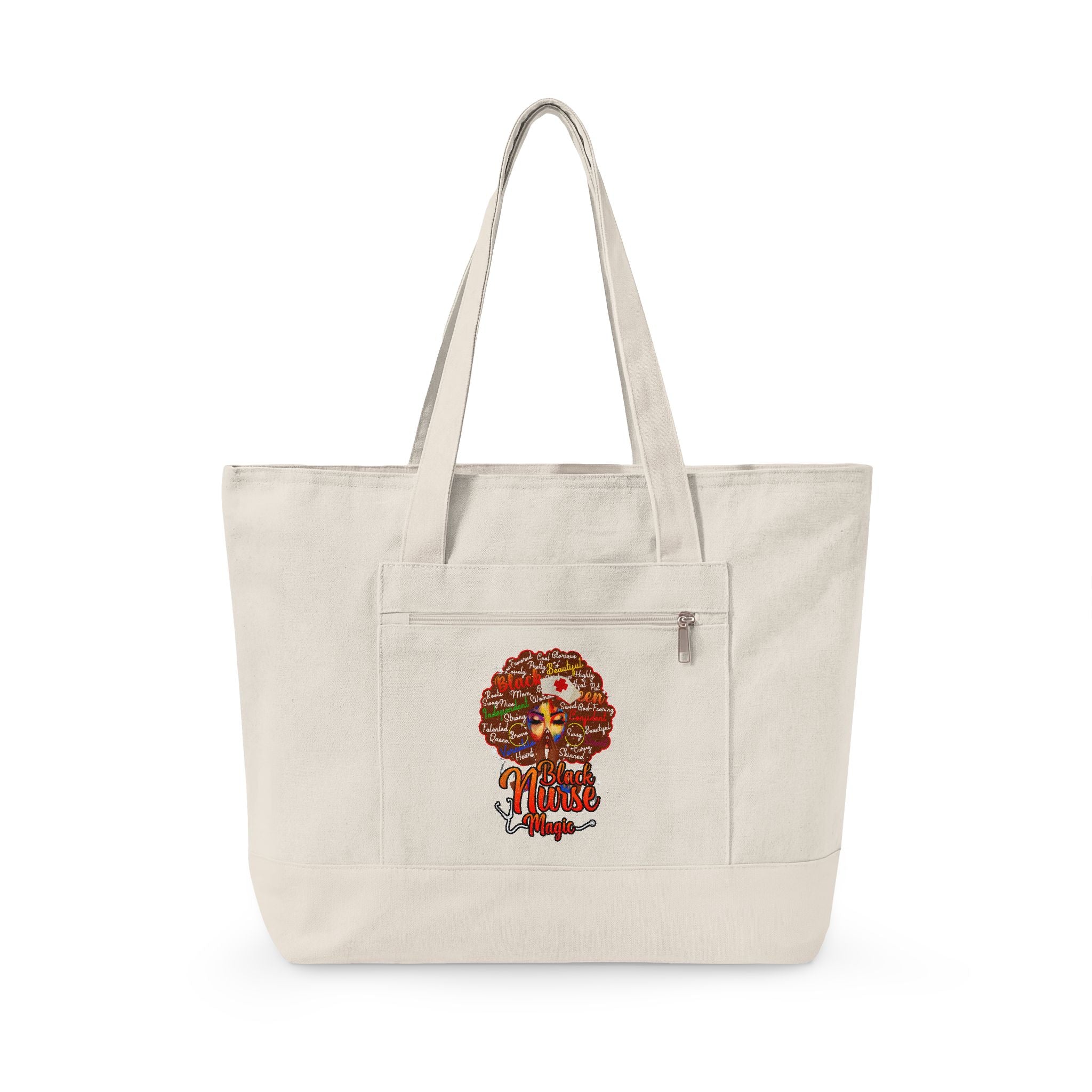 Black Nurse Magic w/Brown Afro Canvas Tote — Zippered Floral Calavera Bag