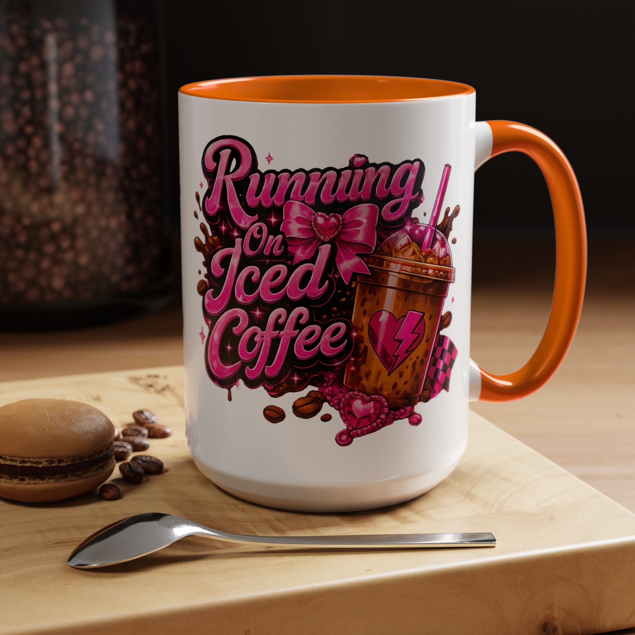 "Running on Iced Coffee" Pink Graphic Accent Mug (11/15oz) — Coffee Mug