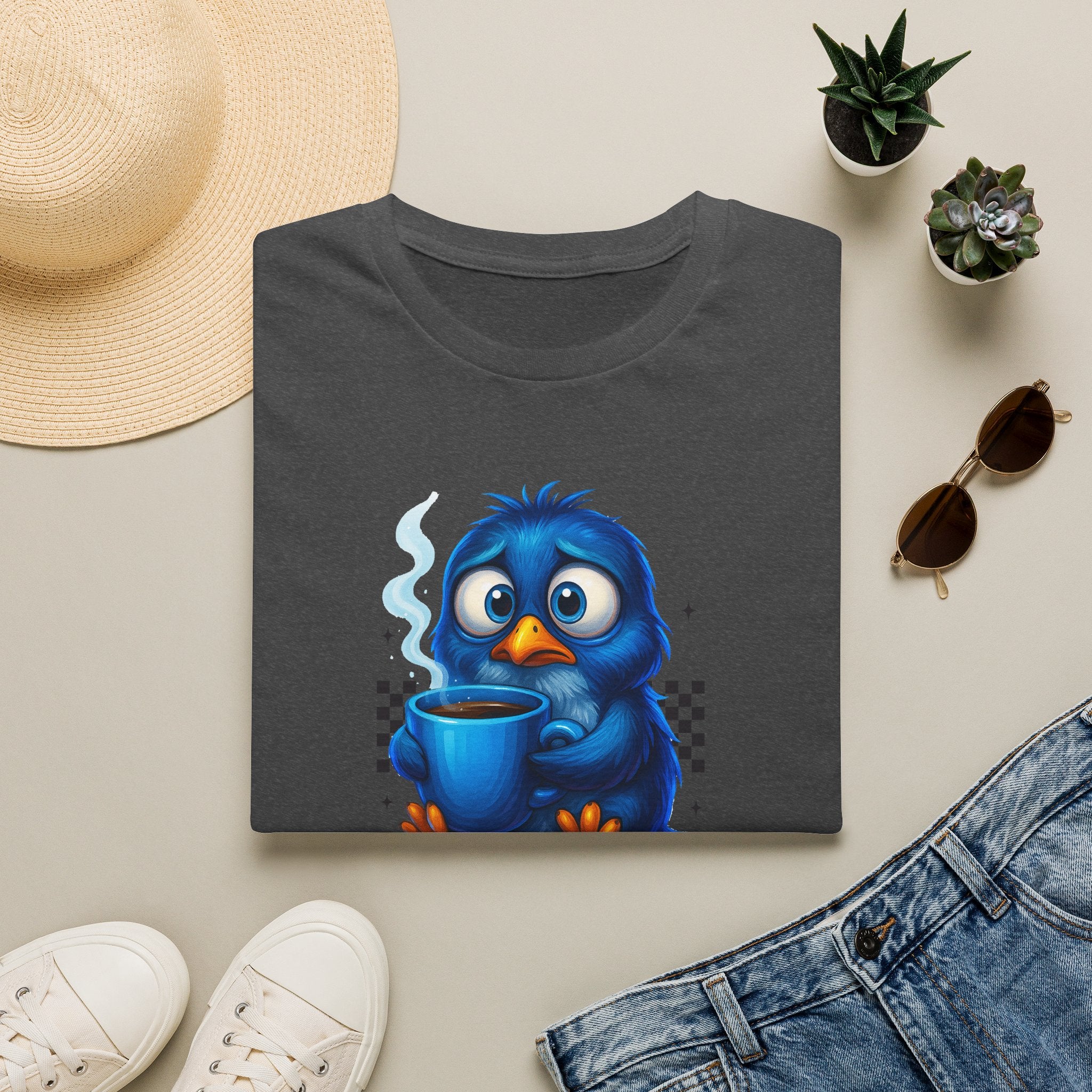 Cute Blue Bird 'Coffee First Adult' Graphic Tee — T-Shirt
