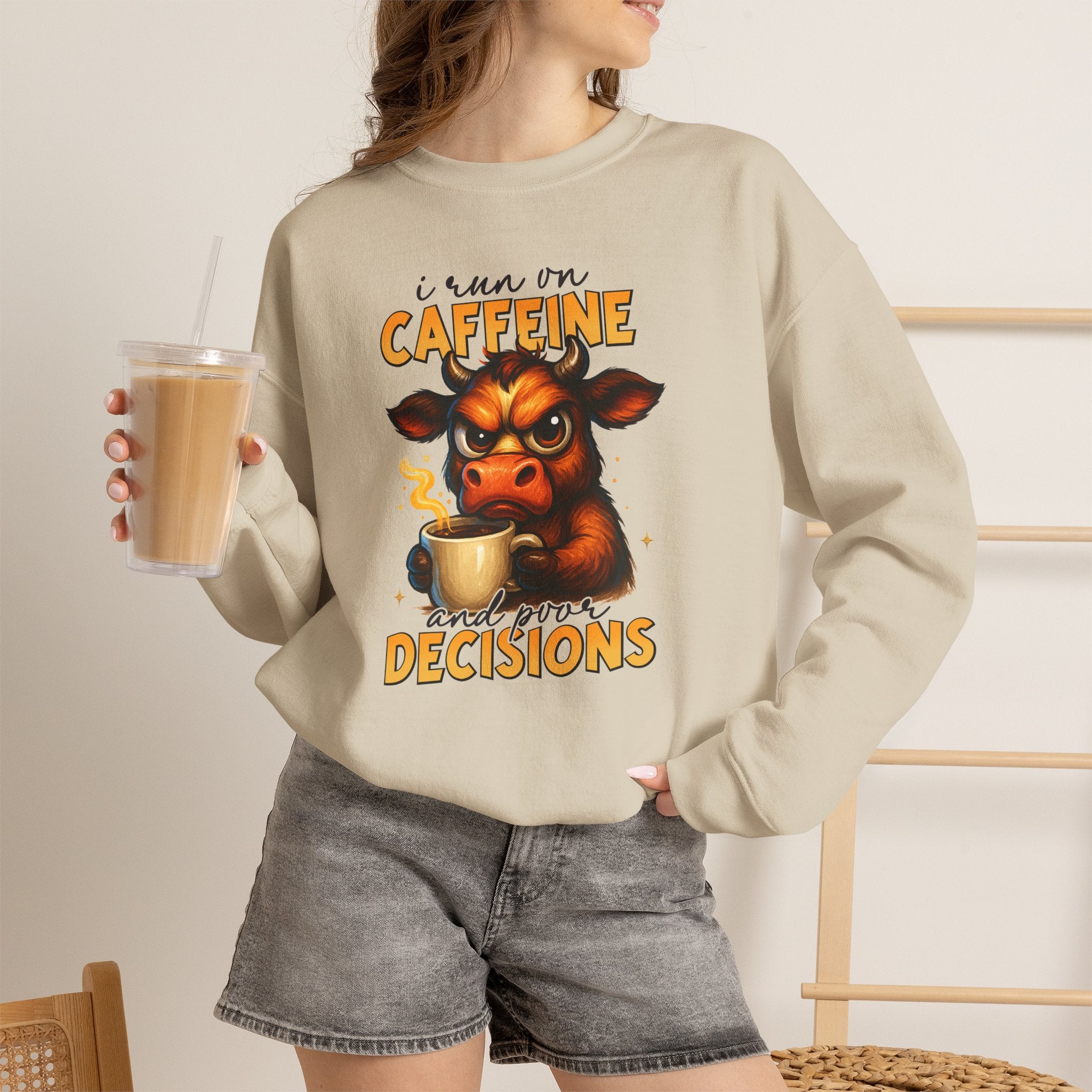 Caffeine-Fueled Cow Sweatshirt — "I Run on Caffeine and Questionable Decisions" Cozy Crewneck