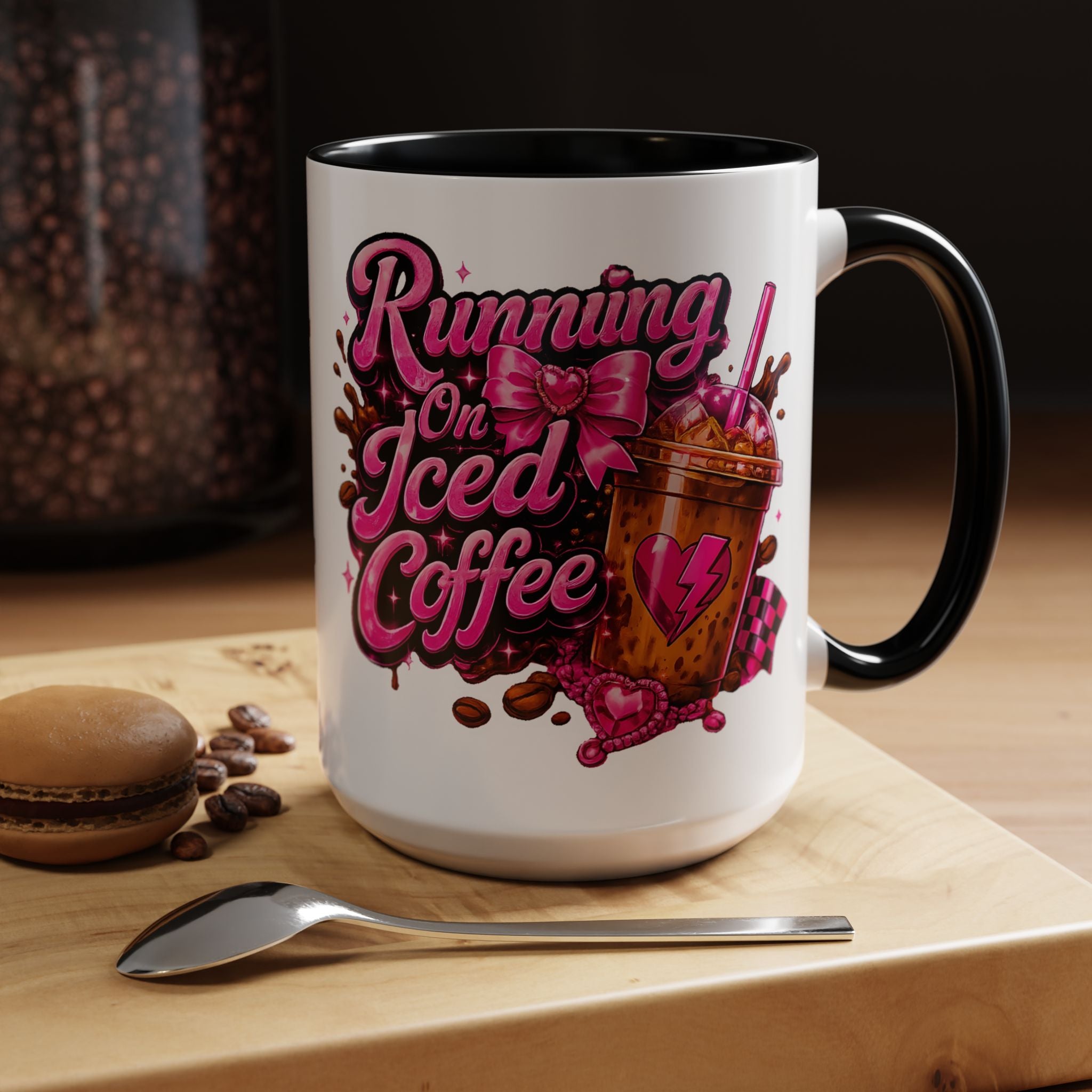 "Running on Iced Coffee" Pink Graphic Accent Mug (11/15oz) — Coffee Mug