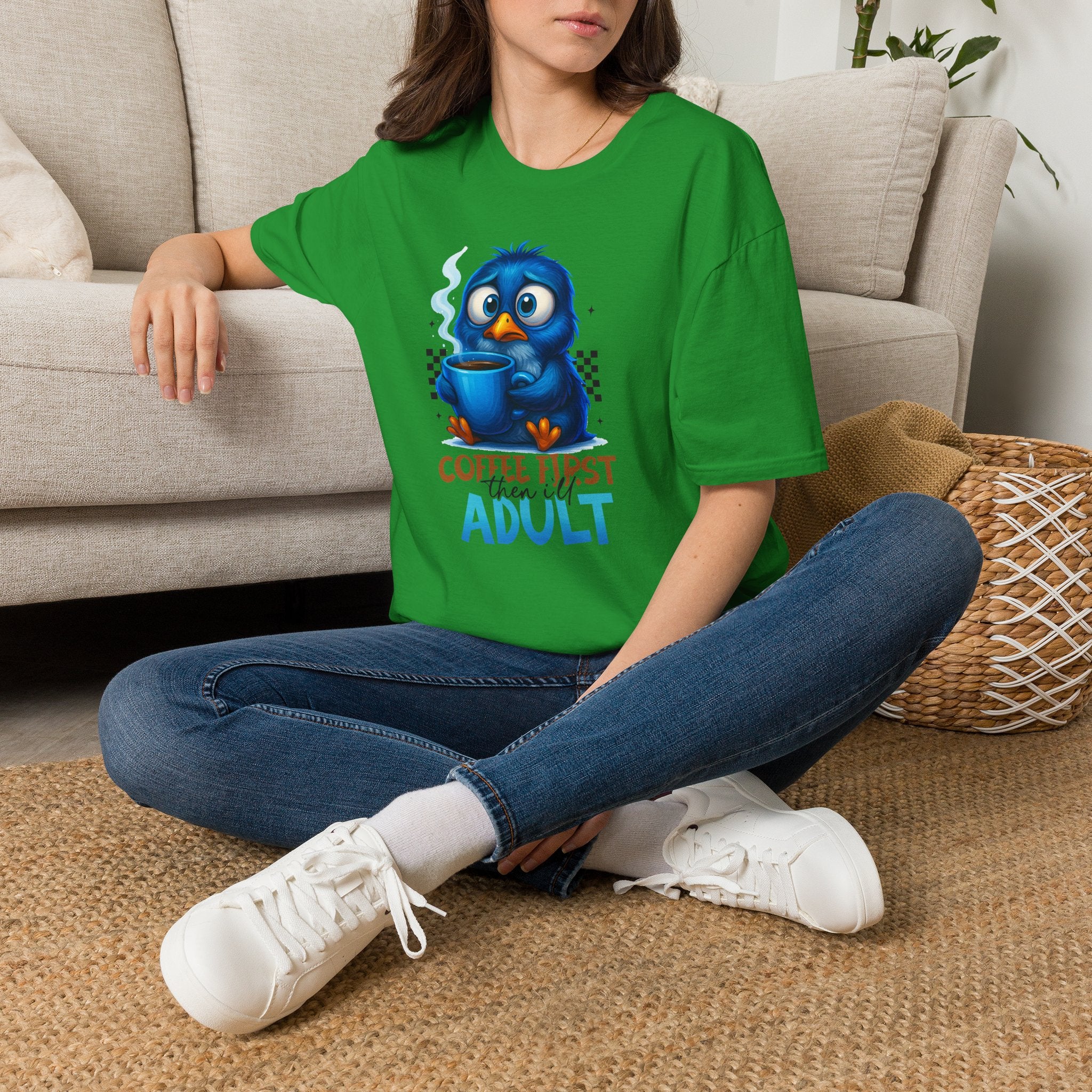 Cute Blue Bird 'Coffee First Adult' Graphic Tee — T-Shirt