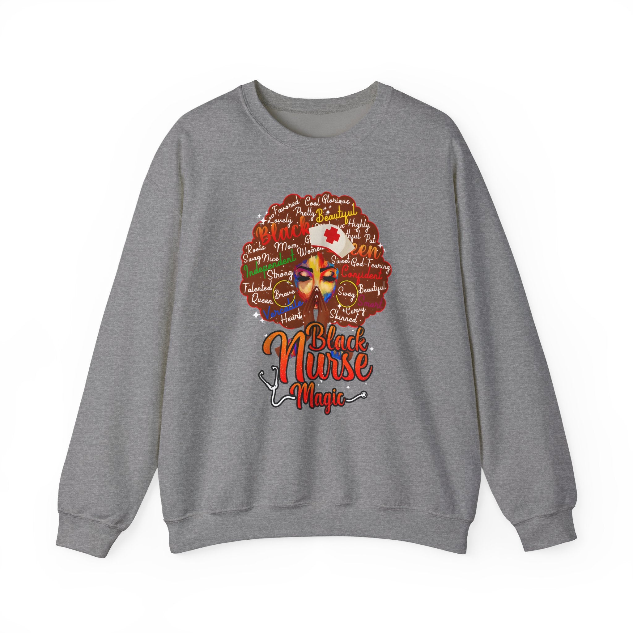 Black Nurse Magic Crewneck Sweatshirt — Brown Afro Nurse Heartbeat Design