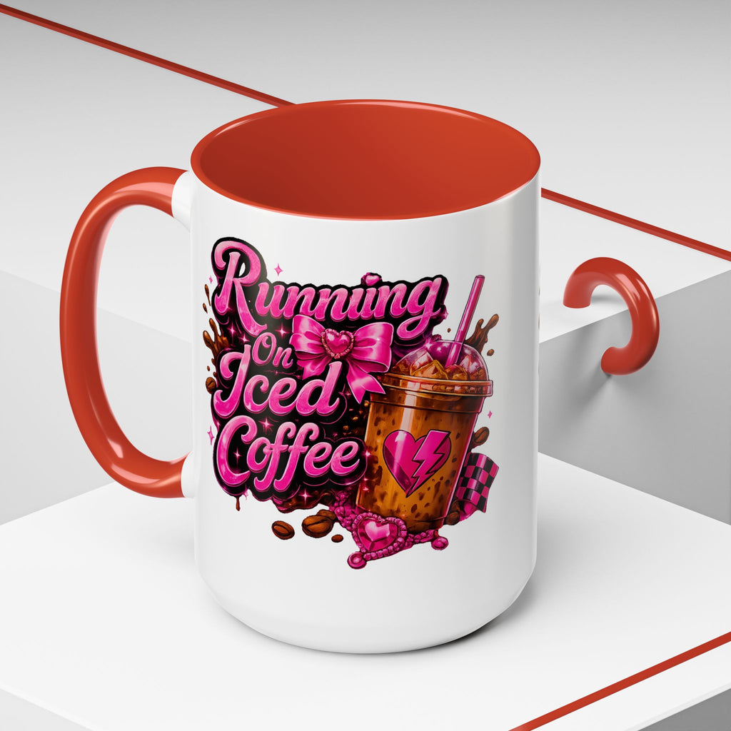 "Running on Iced Coffee" Pink Graphic Accent Mug (11/15oz) — Coffee Mug