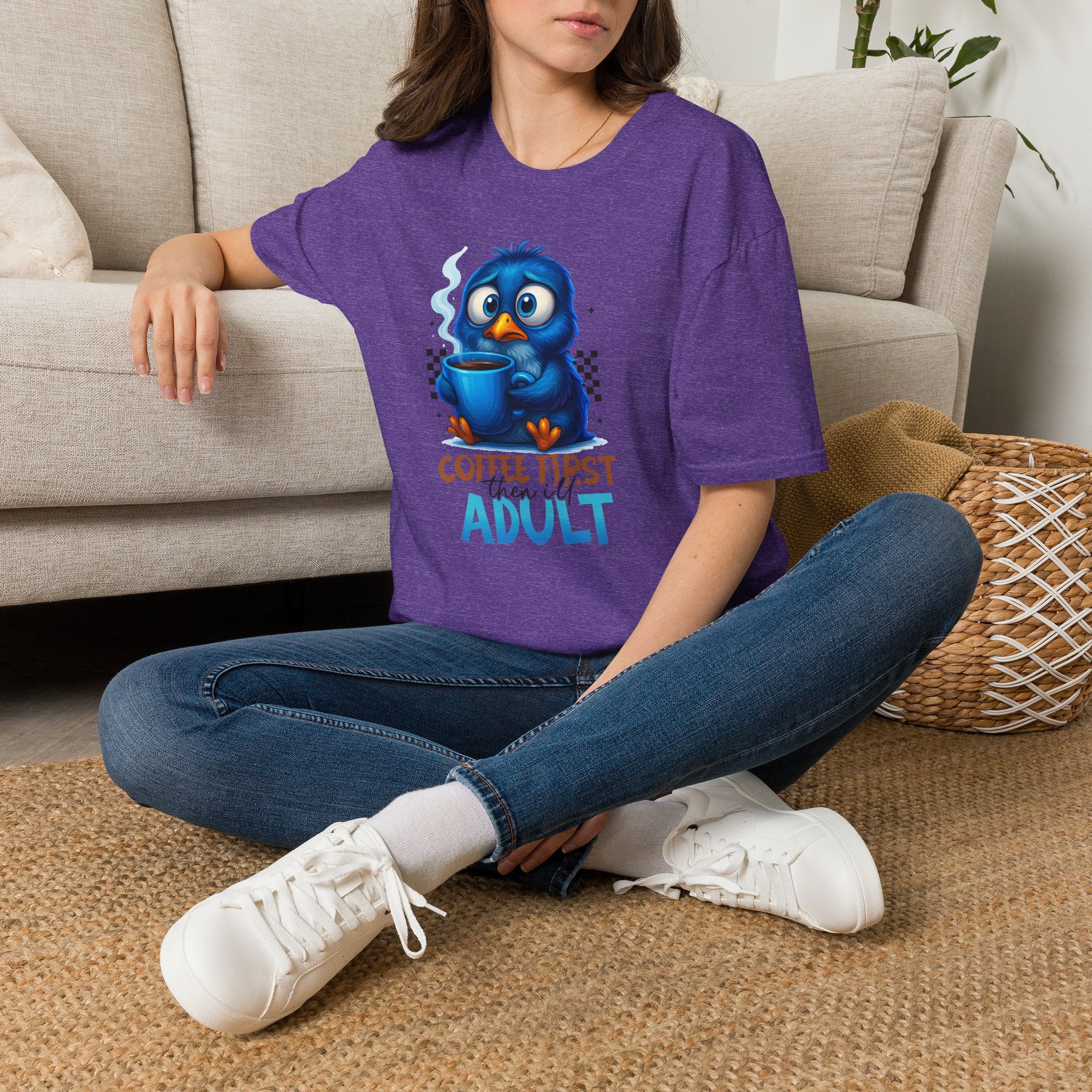 Cute Blue Bird 'Coffee First Adult' Graphic Tee — T-Shirt
