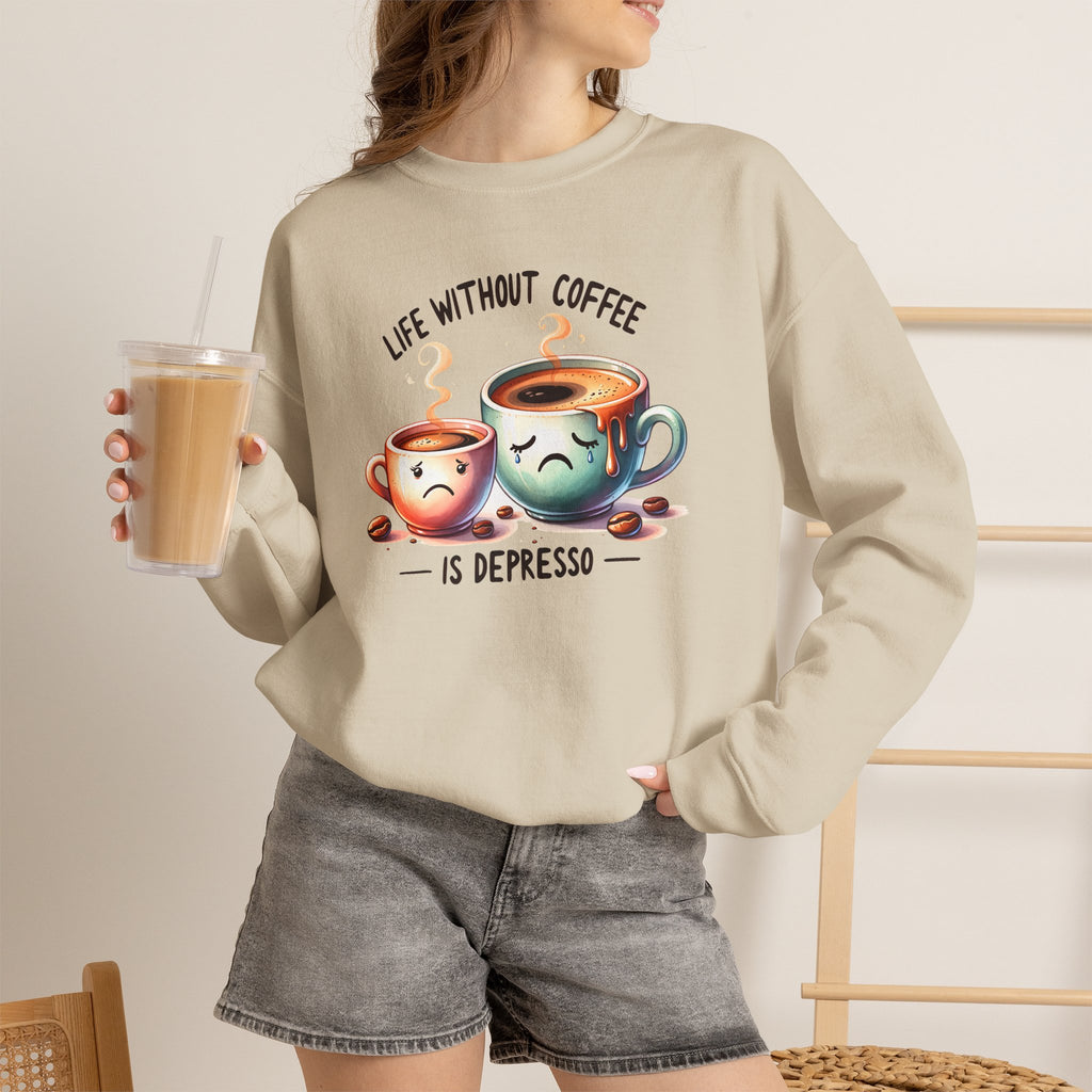 "Life Without Coffee Is Depresso" Cute Cafe Graphic — Coffee Crewneck Sweatshirt