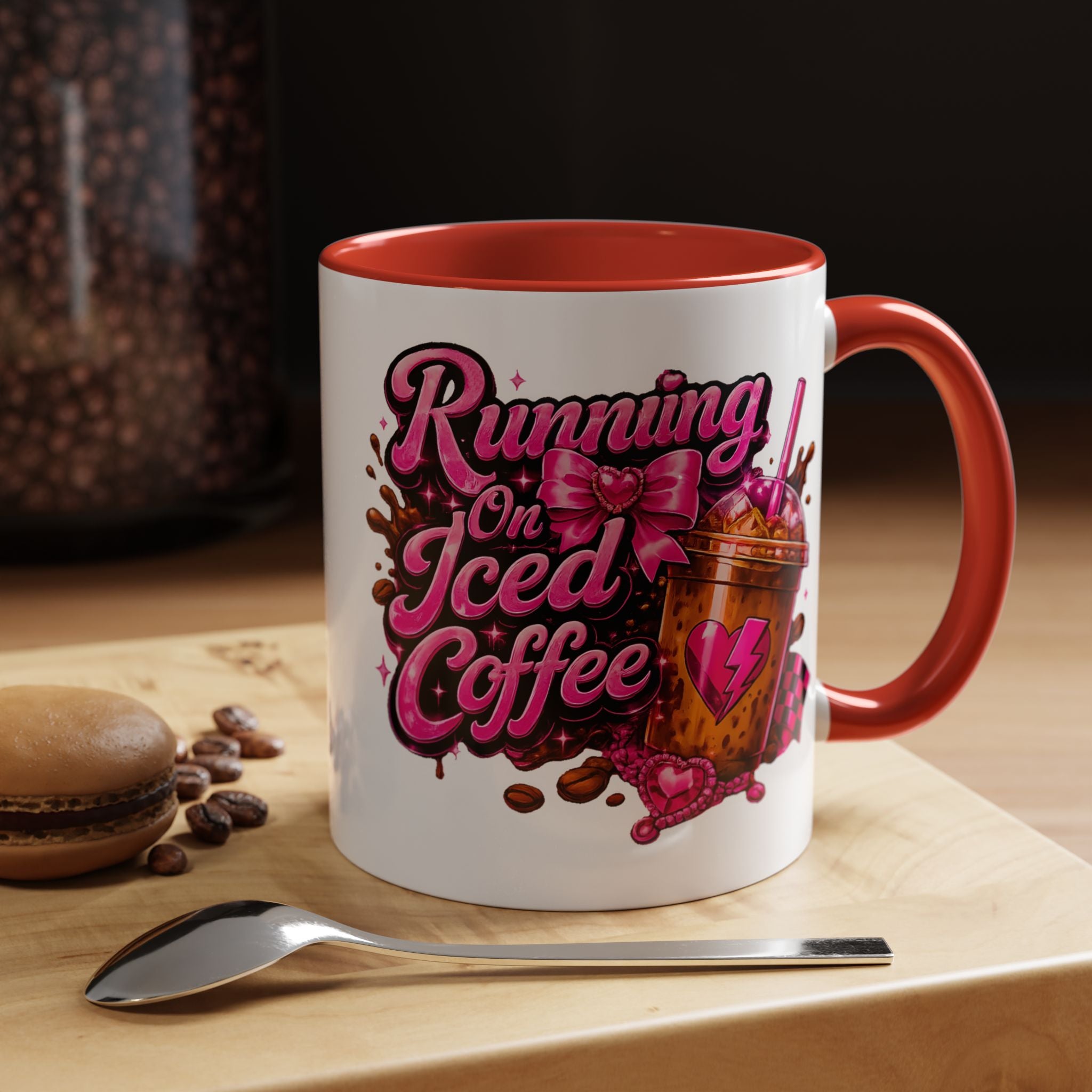 "Running on Iced Coffee" Pink Graphic Accent Mug (11/15oz) — Coffee Mug