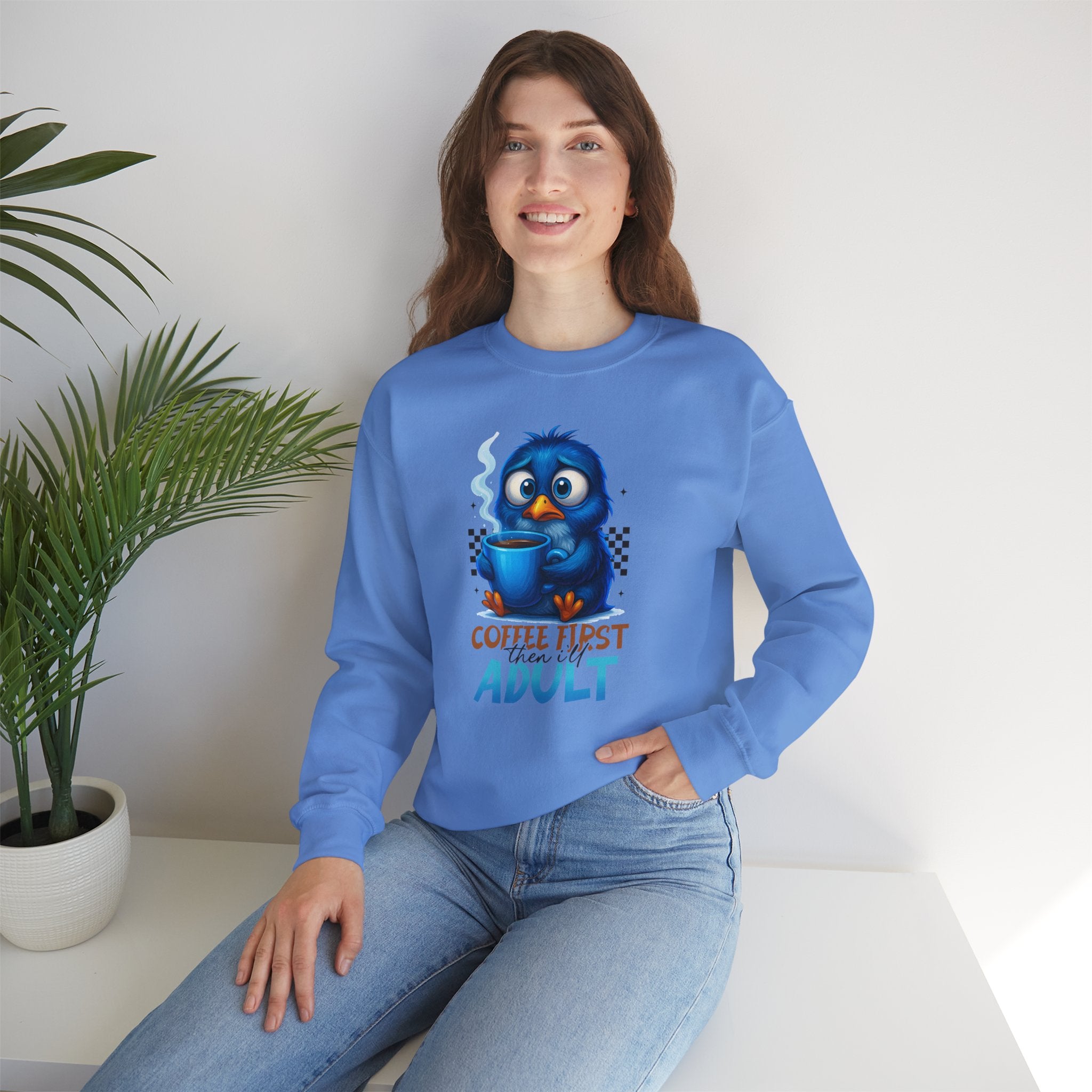 Coffee First Adult Sweatshirt — Cute Blue Bird Coffee Crewneck