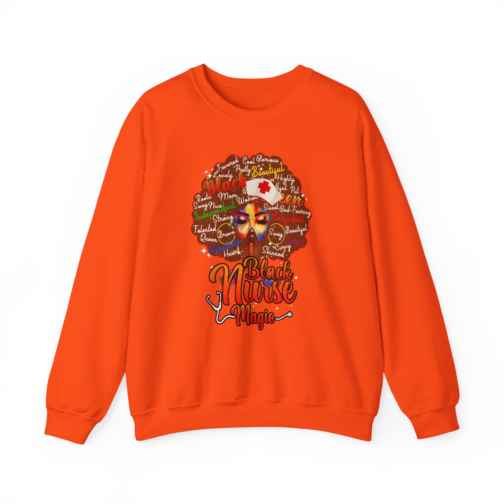 Black Nurse Magic Crewneck Sweatshirt — Brown Afro Nurse Heartbeat Design