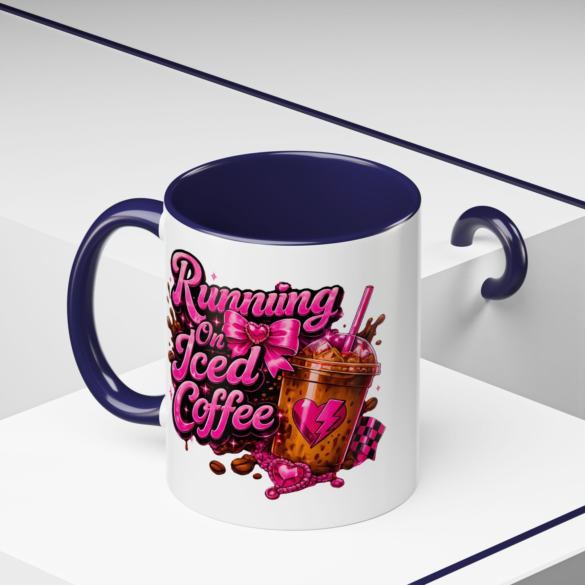 "Running on Iced Coffee" Pink Graphic Accent Mug (11/15oz) — Coffee Mug