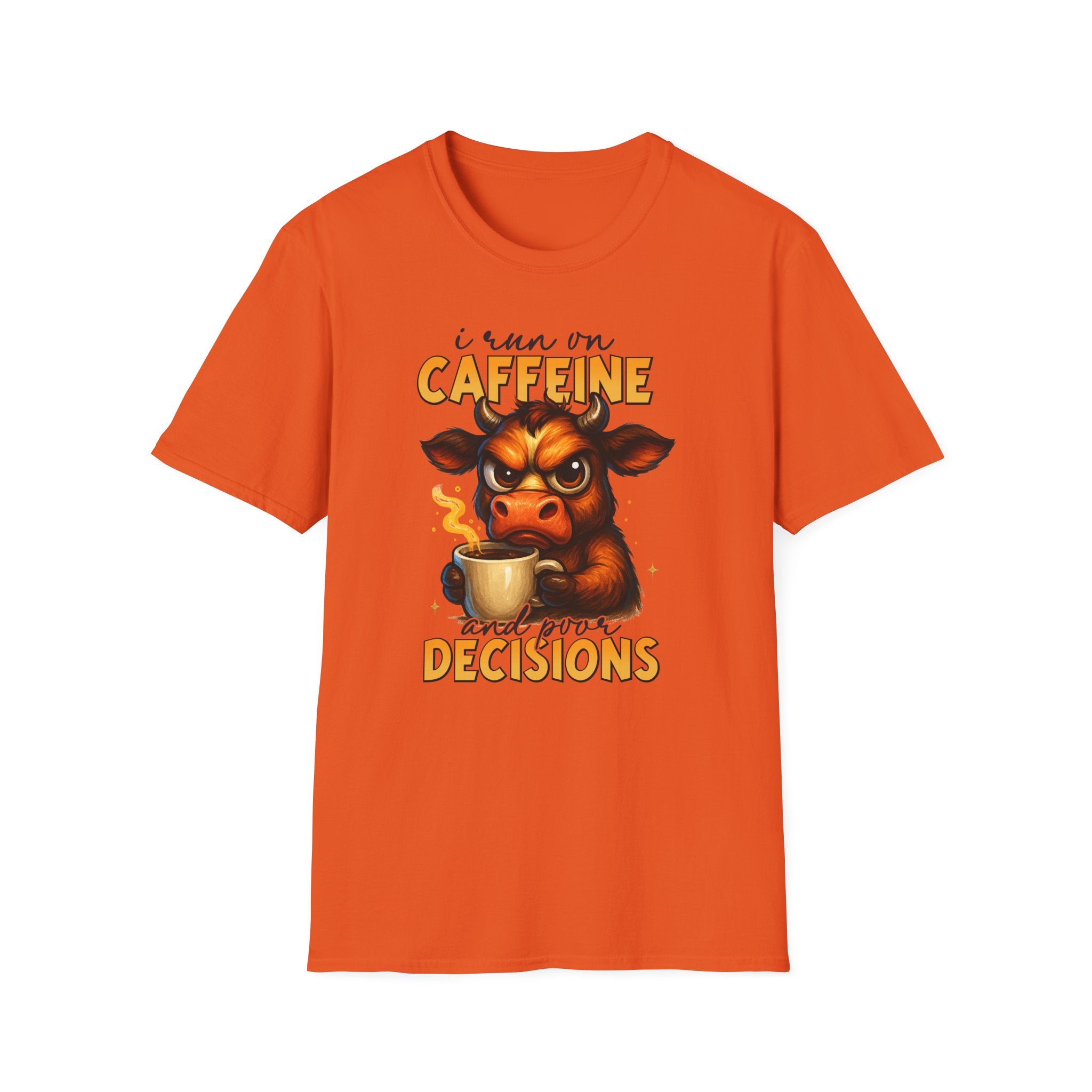 "I Run on Caffeine & Bad Decisions" Coffee Lover Tee — Caffeine Cow T-Shirt