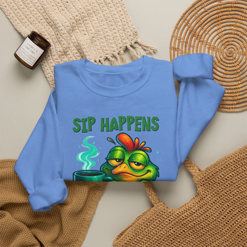 Sip Happens Sweatshirt — Funny Frog Coffee Crewneck