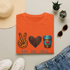 Peace Love Coffee T-Shirt — Retro Leopard Peace Sign & Heart Coffee Cup Tee