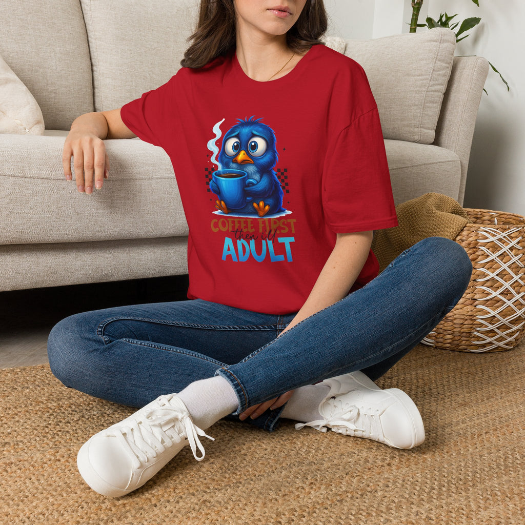 Cute Blue Bird 'Coffee First Adult' Graphic Tee — T-Shirt