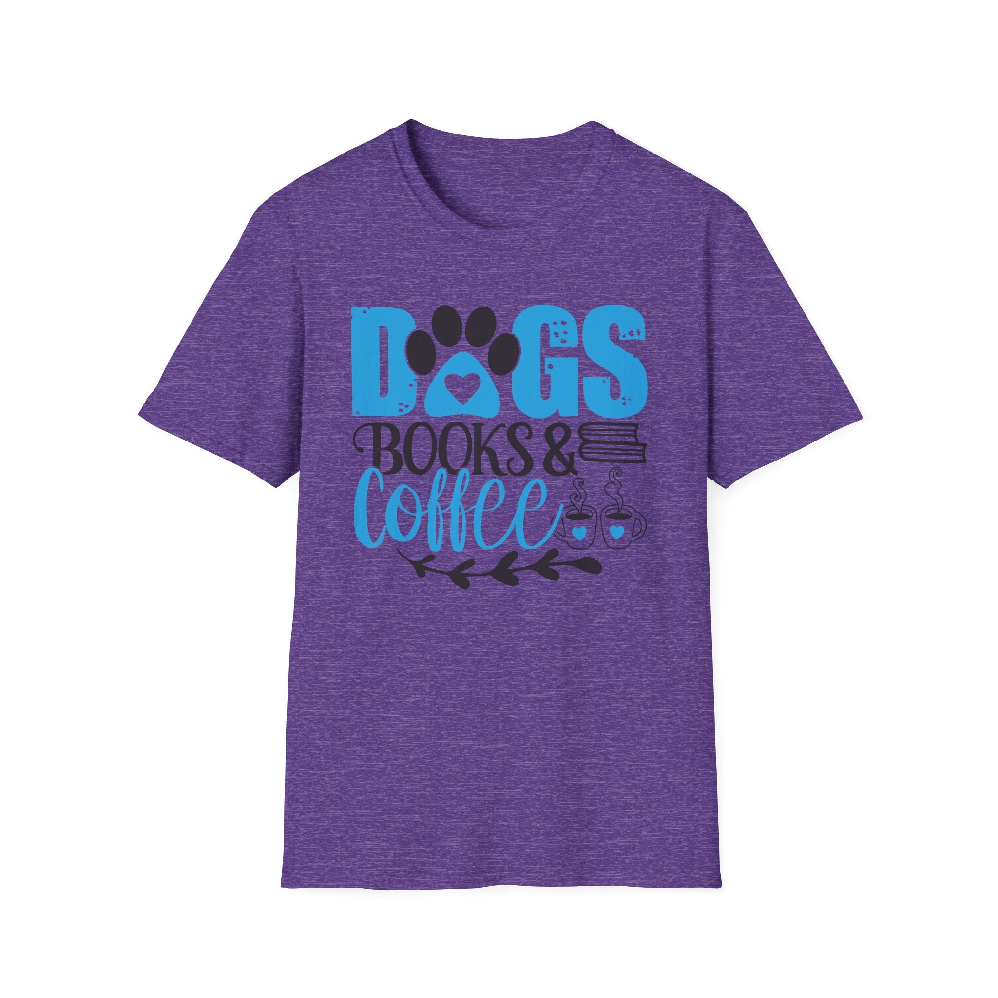 Dogs Books & Coffee T-Shirt (Blue) — Cute Paw, Book & Coffee Graphic Tee for Dog Lovers