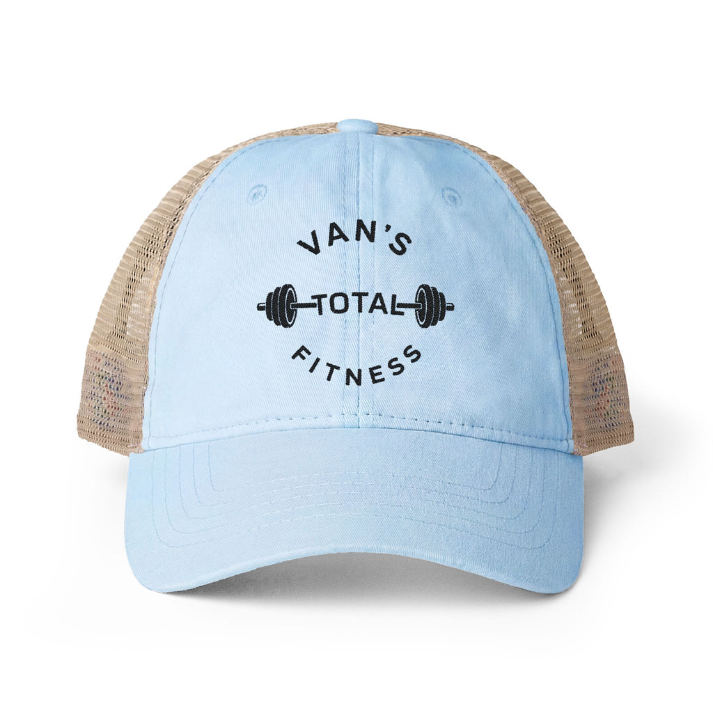 Embroidered "Van's Total Fitness" Barbell Washed Mesh-Ponytail Back Cap