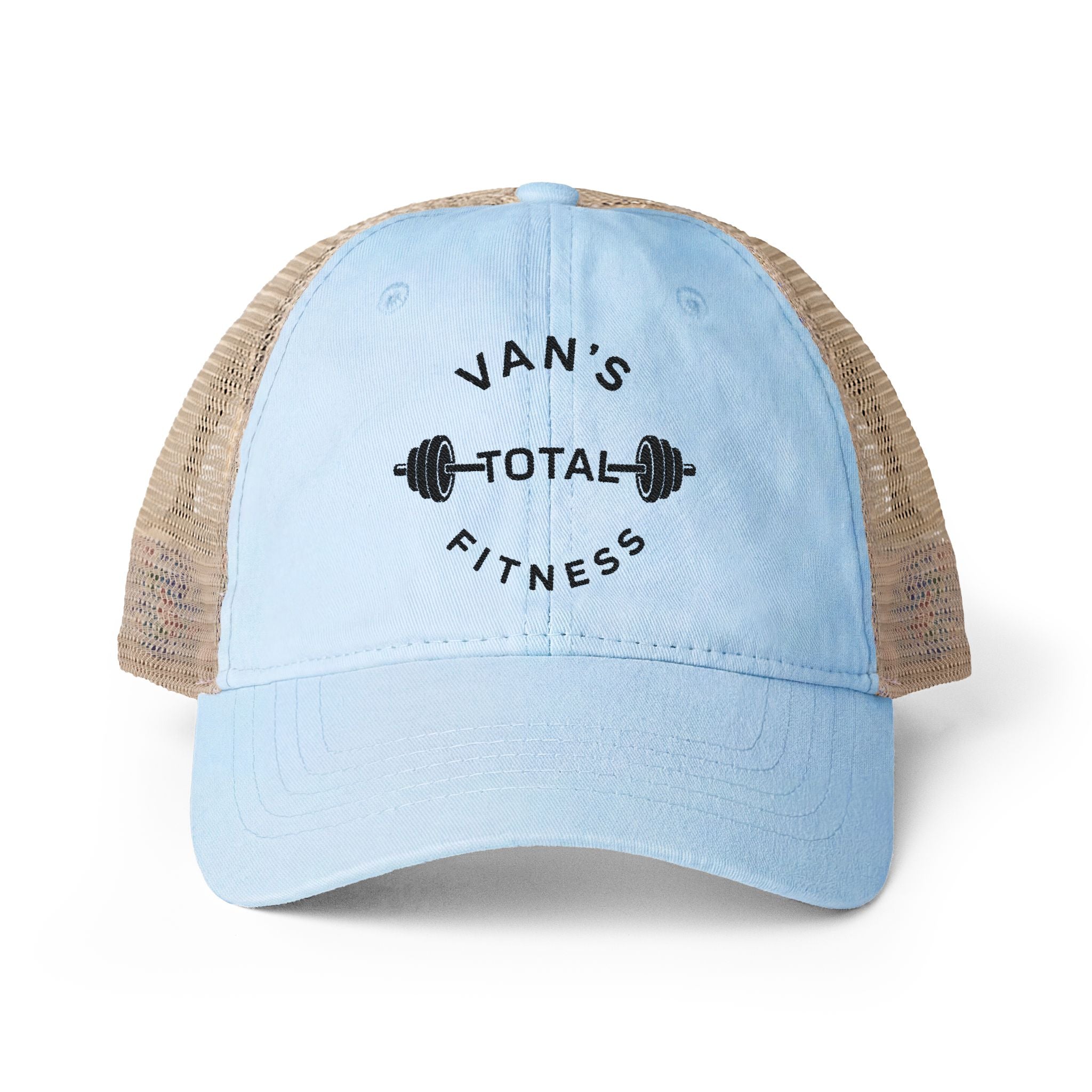 Embroidered "Van's Total Fitness" Barbell Washed Mesh-Ponytail Back Cap