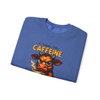 Caffeine-Fueled Cow Sweatshirt — "I Run on Caffeine and Questionable Decisions" Cozy Crewneck