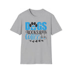 Dogs Books & Coffee T-Shirt (Blue) — Cute Paw, Book & Coffee Graphic Tee for Dog Lovers