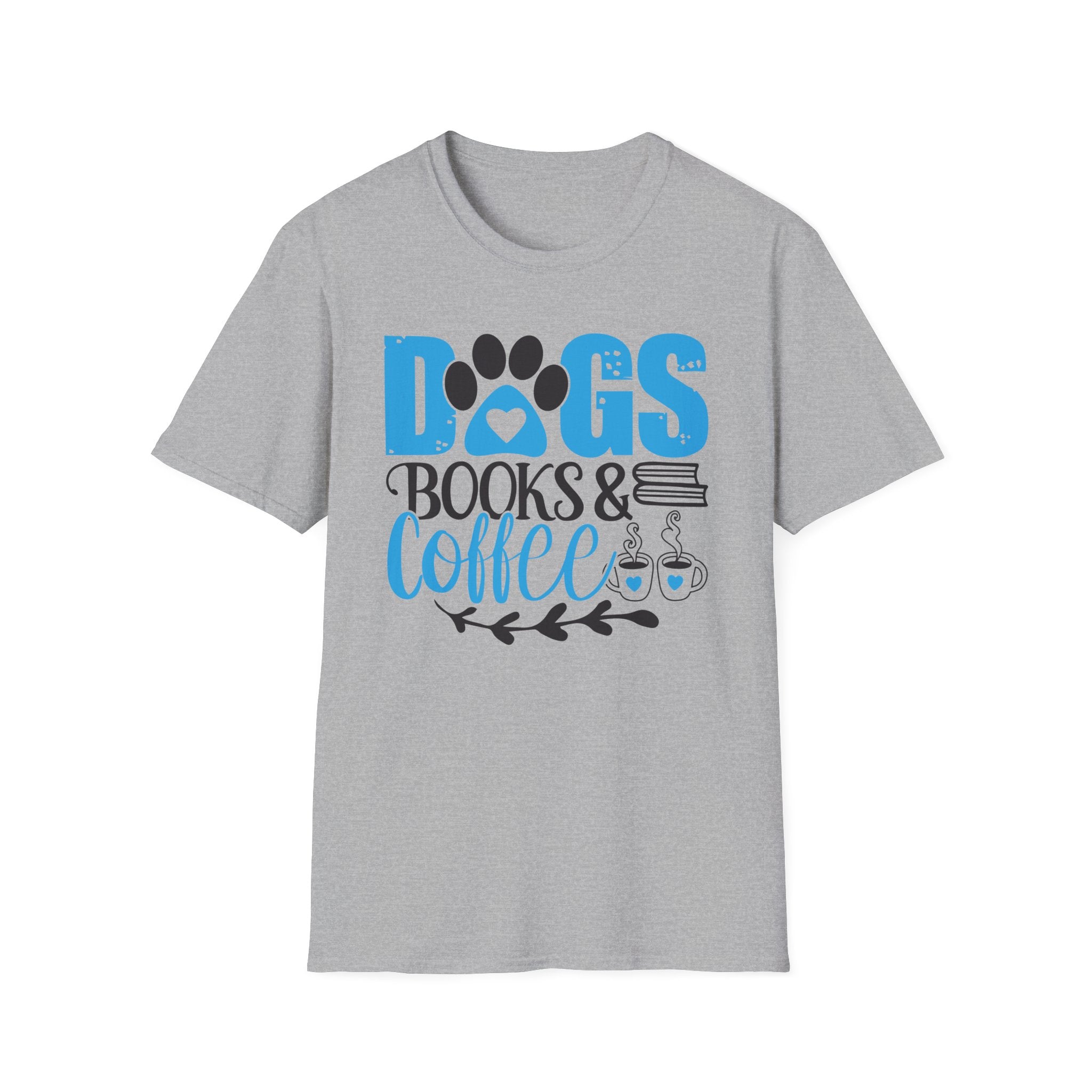 Dogs Books & Coffee T-Shirt (Blue) — Cute Paw, Book & Coffee Graphic Tee for Dog Lovers