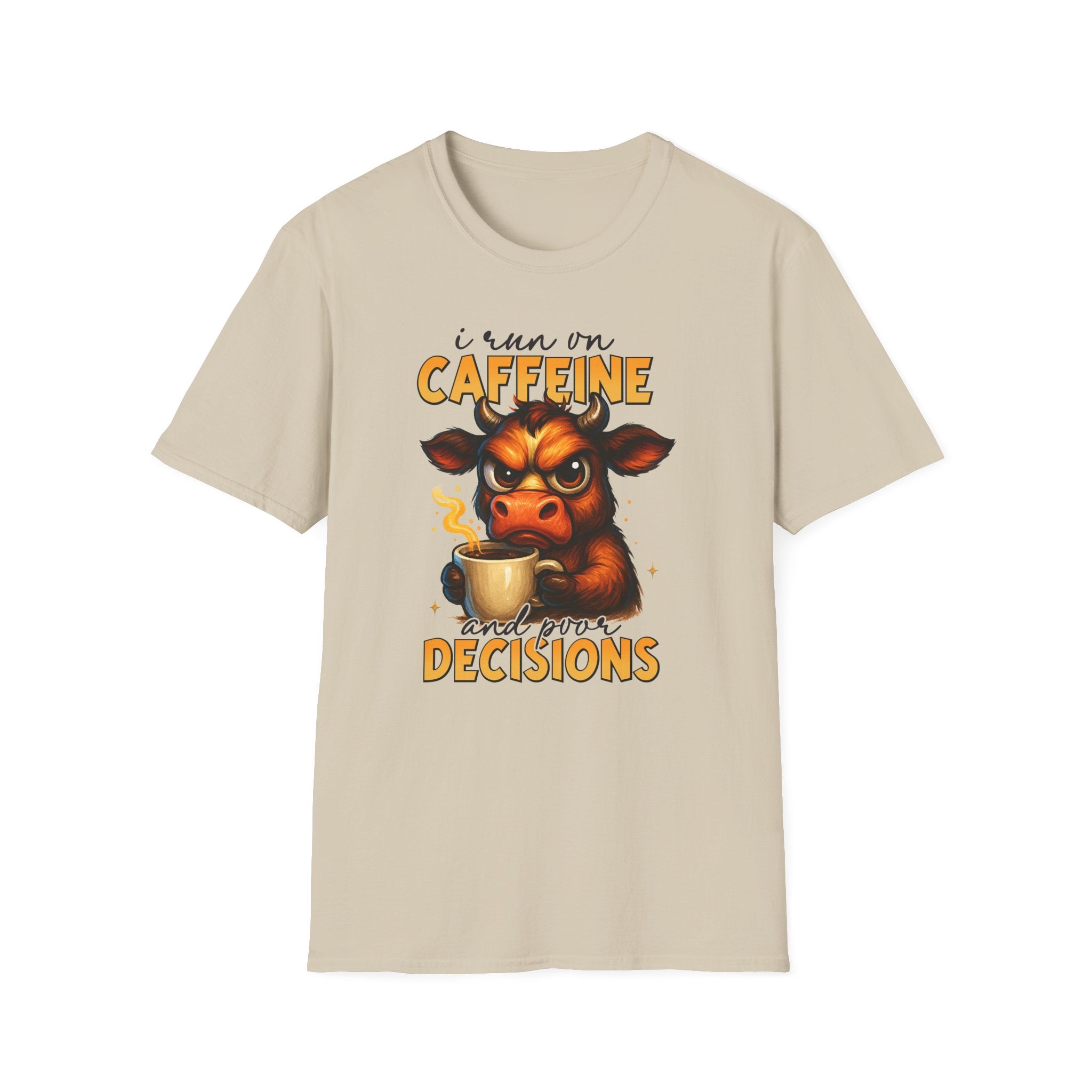 "I Run on Caffeine & Bad Decisions" Coffee Lover Tee — Caffeine Cow T-Shirt