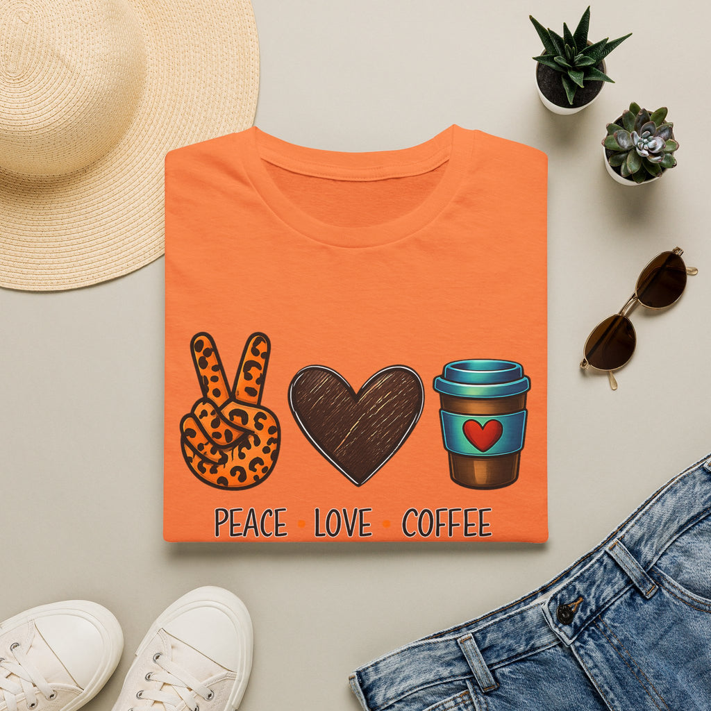 Peace Love Coffee T-Shirt — Retro Leopard Peace Sign & Heart Coffee Cup Tee