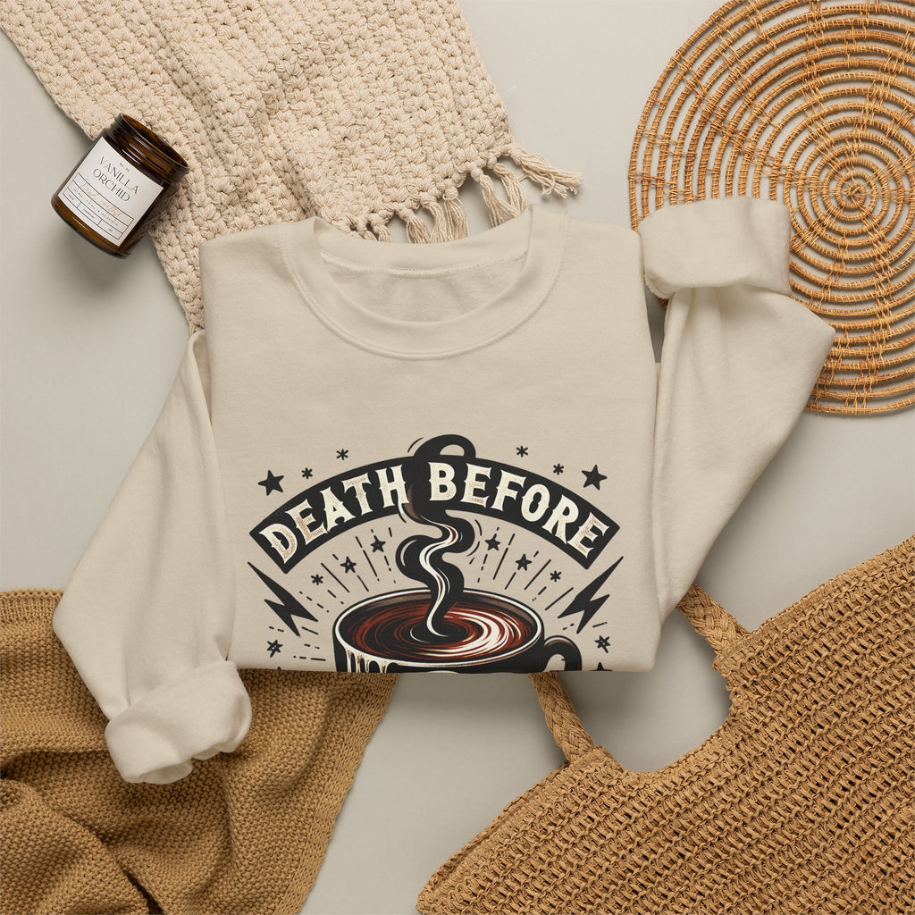 Crewneck Sweatshirt — "Death Before Decaf" Coffee Skull Graphic