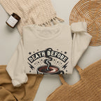 Crewneck Sweatshirt — "Death Before Decaf" Coffee Skull Graphic