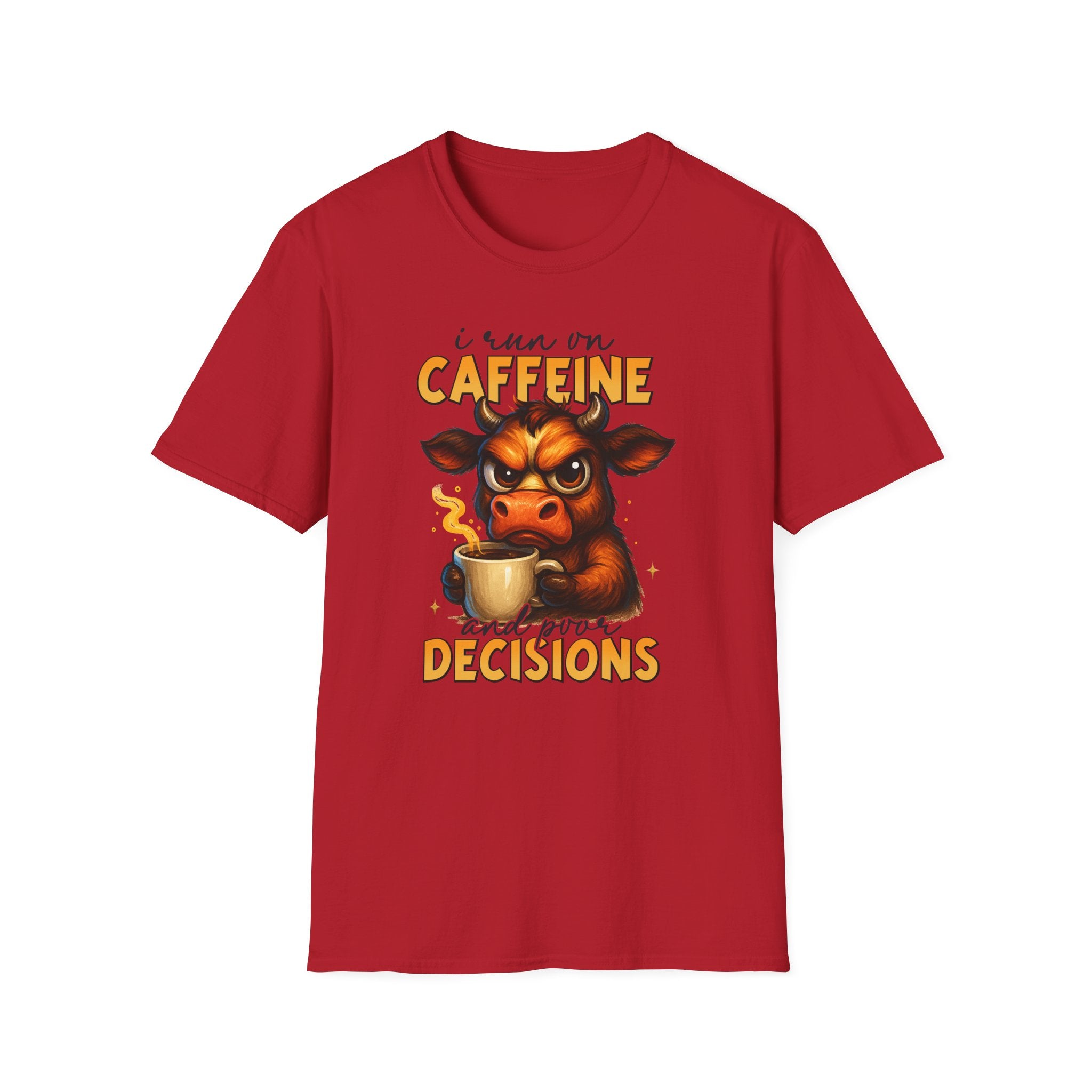 "I Run on Caffeine & Bad Decisions" Coffee Lover Tee — Caffeine Cow T-Shirt