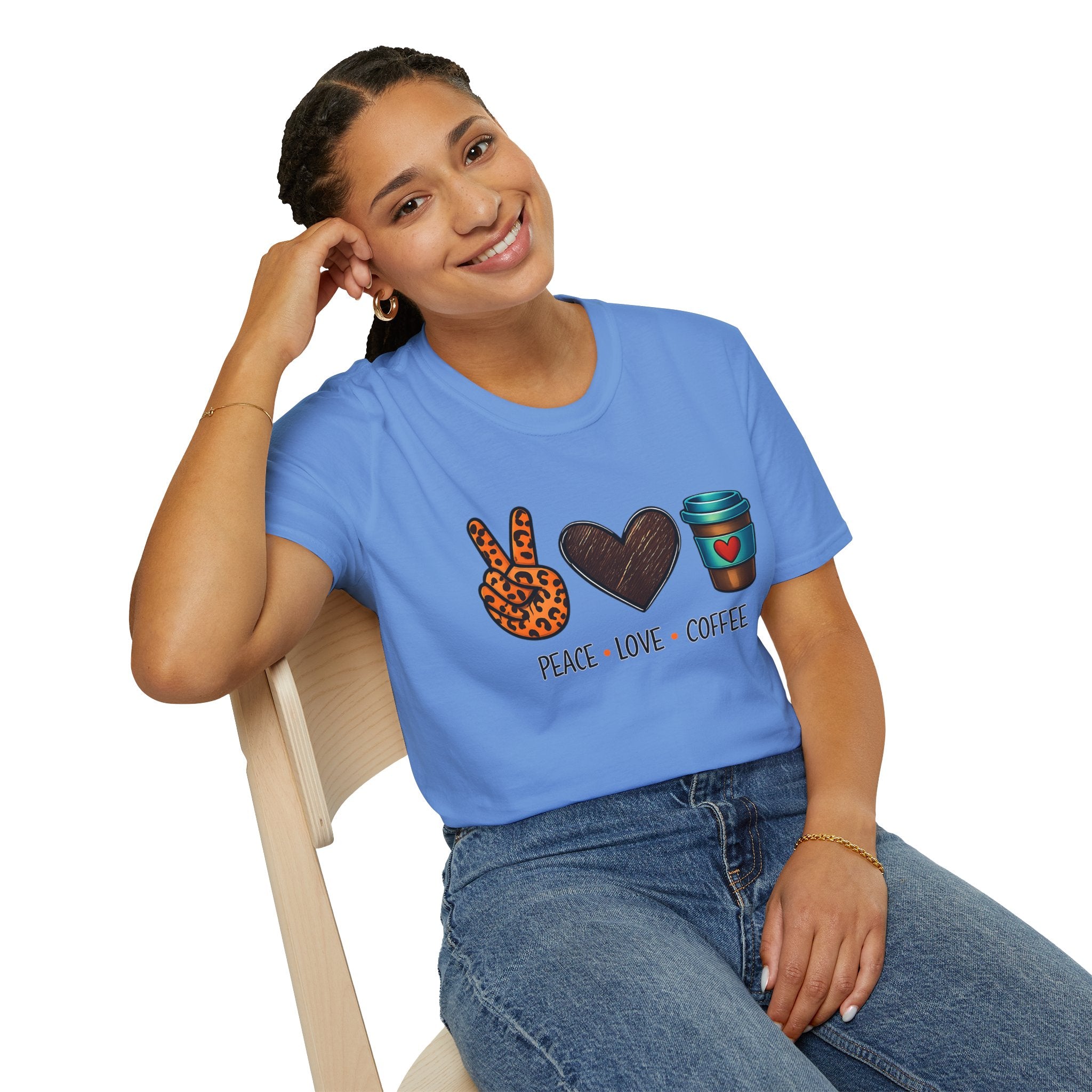 Peace Love Coffee T-Shirt — Retro Leopard Peace Sign & Heart Coffee Cup Tee