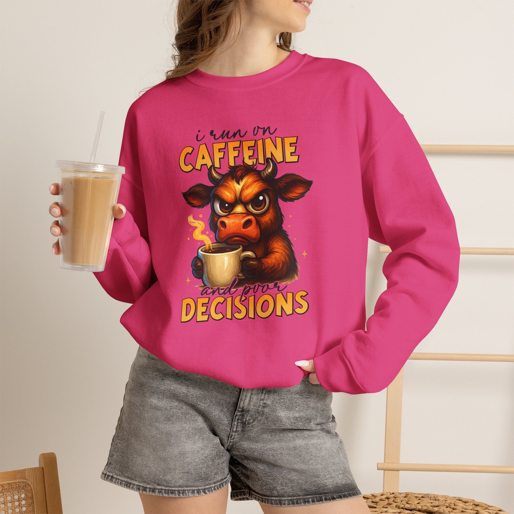 Caffeine-Fueled Cow Sweatshirt — "I Run on Caffeine and Questionable Decisions" Cozy Crewneck