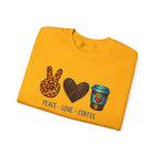 Peace • Love • Coffee Sweatshirt — Cozy Coffee Lover Crewneck
