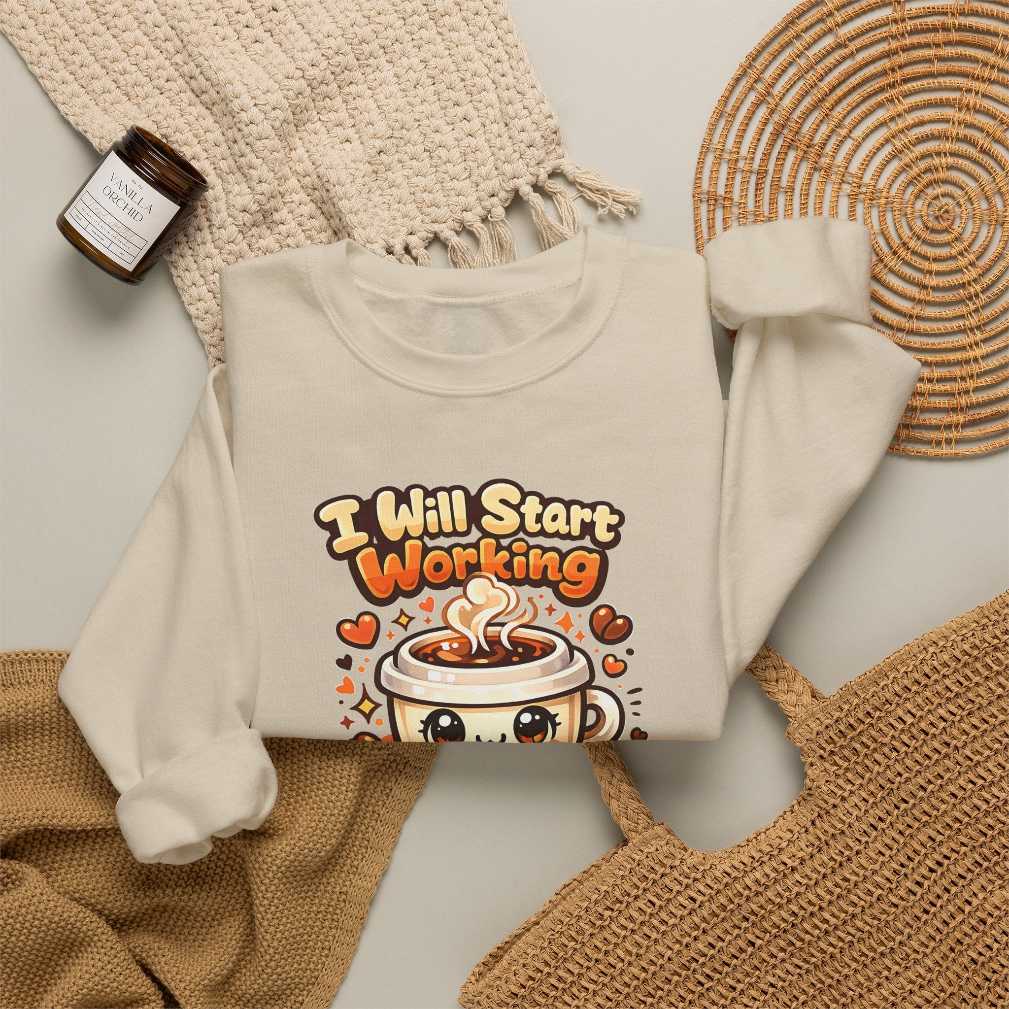 "I Will Start Working When My Coffee Does" Cute Kawaii Crewneck — Coffee Sweatshirt
